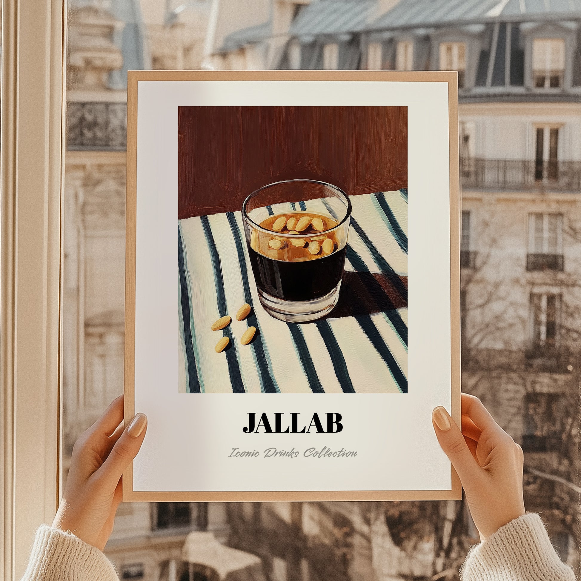 Jallab – on Striped Tablecloth, Syrian Coffee Wall Art, styled in a charming Paris street view