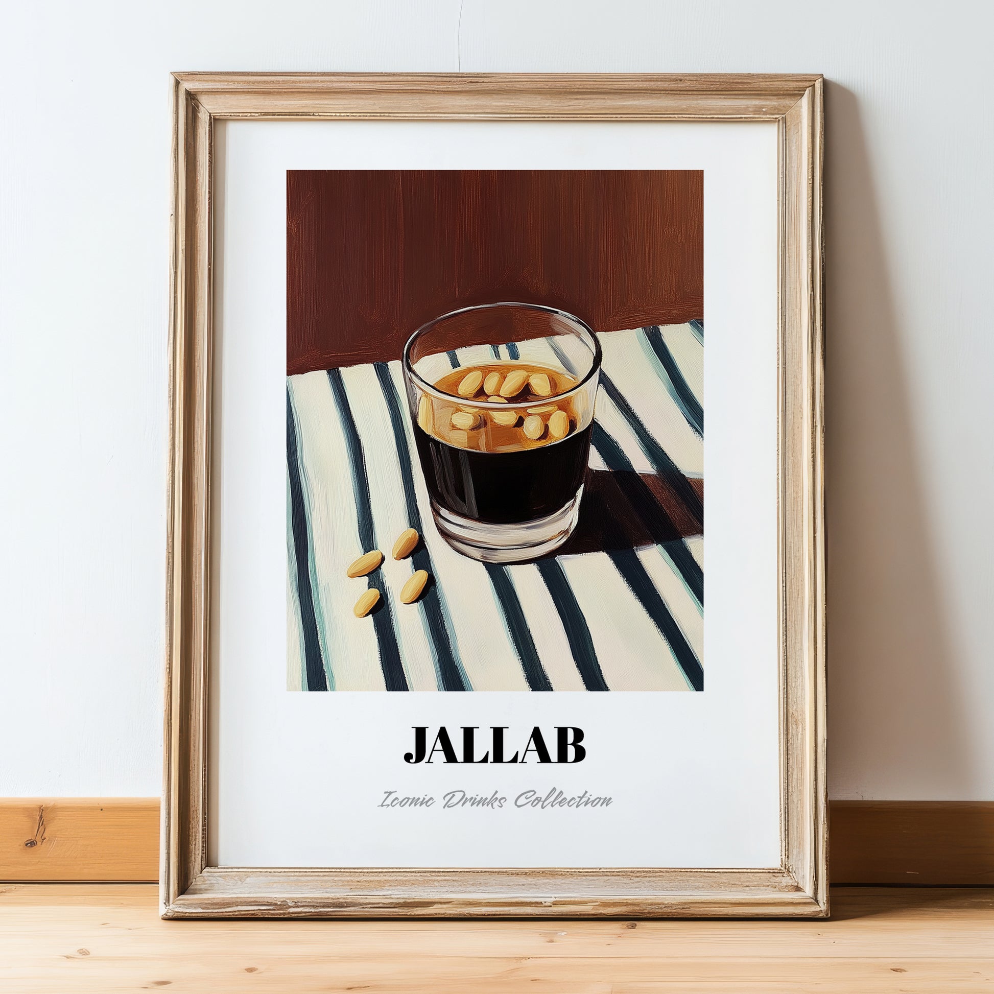 Jallab – on Striped Tablecloth, Syrian Coffee Wall Art, in wooden frame leaning on the floor