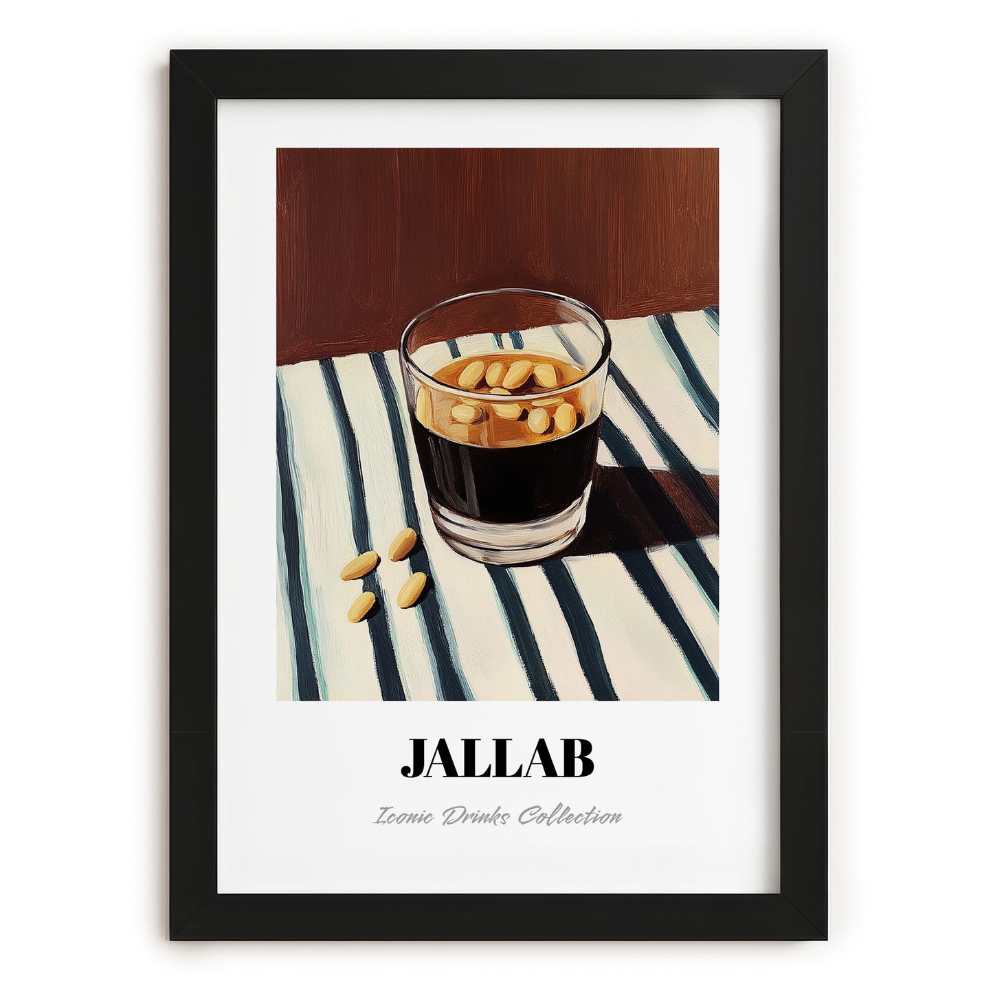 Jallab – on Striped Tablecloth, Syrian Coffee Wall Art, in sleek black frame
