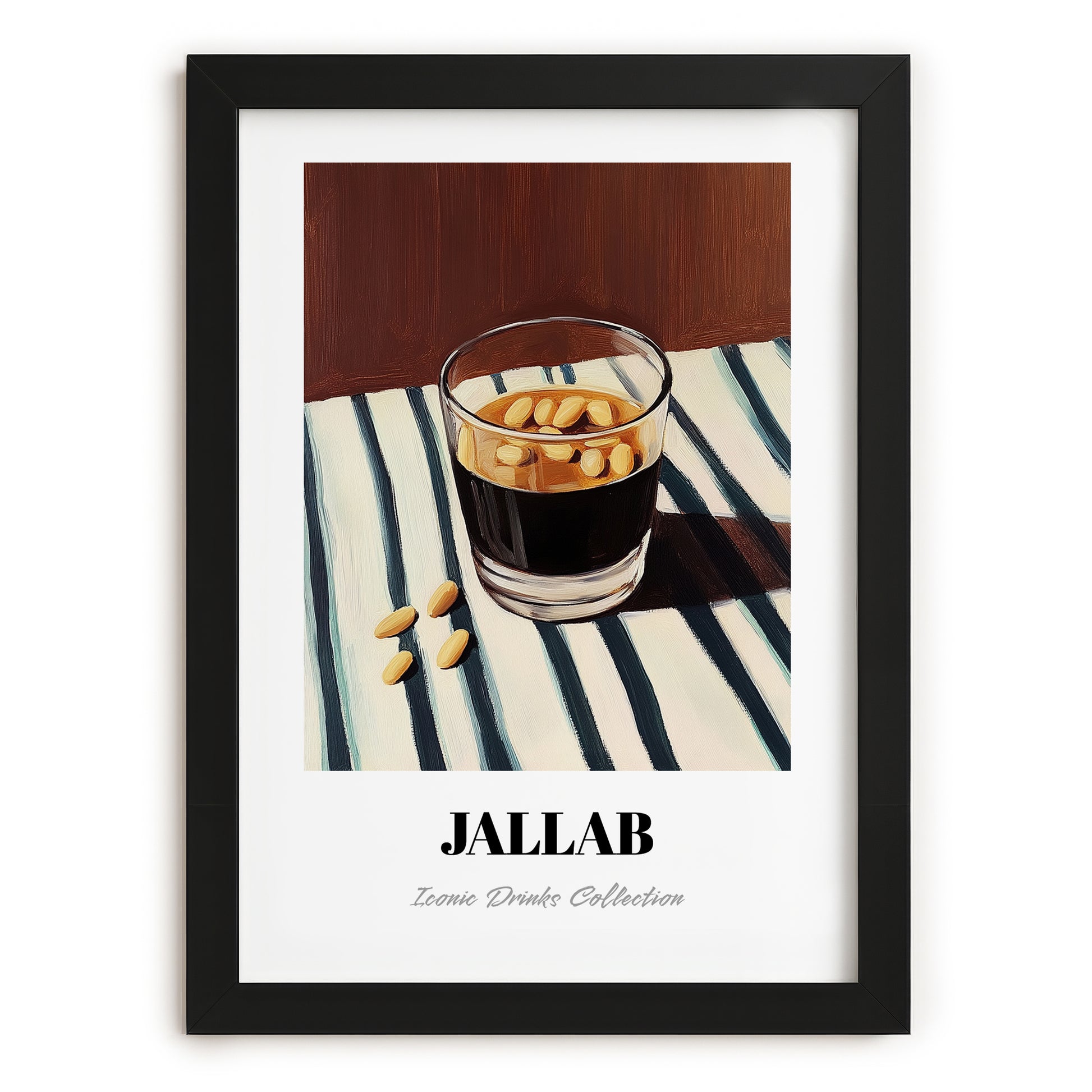 Jallab – on Striped Tablecloth, Syrian Coffee Wall Art, in sleek black frame