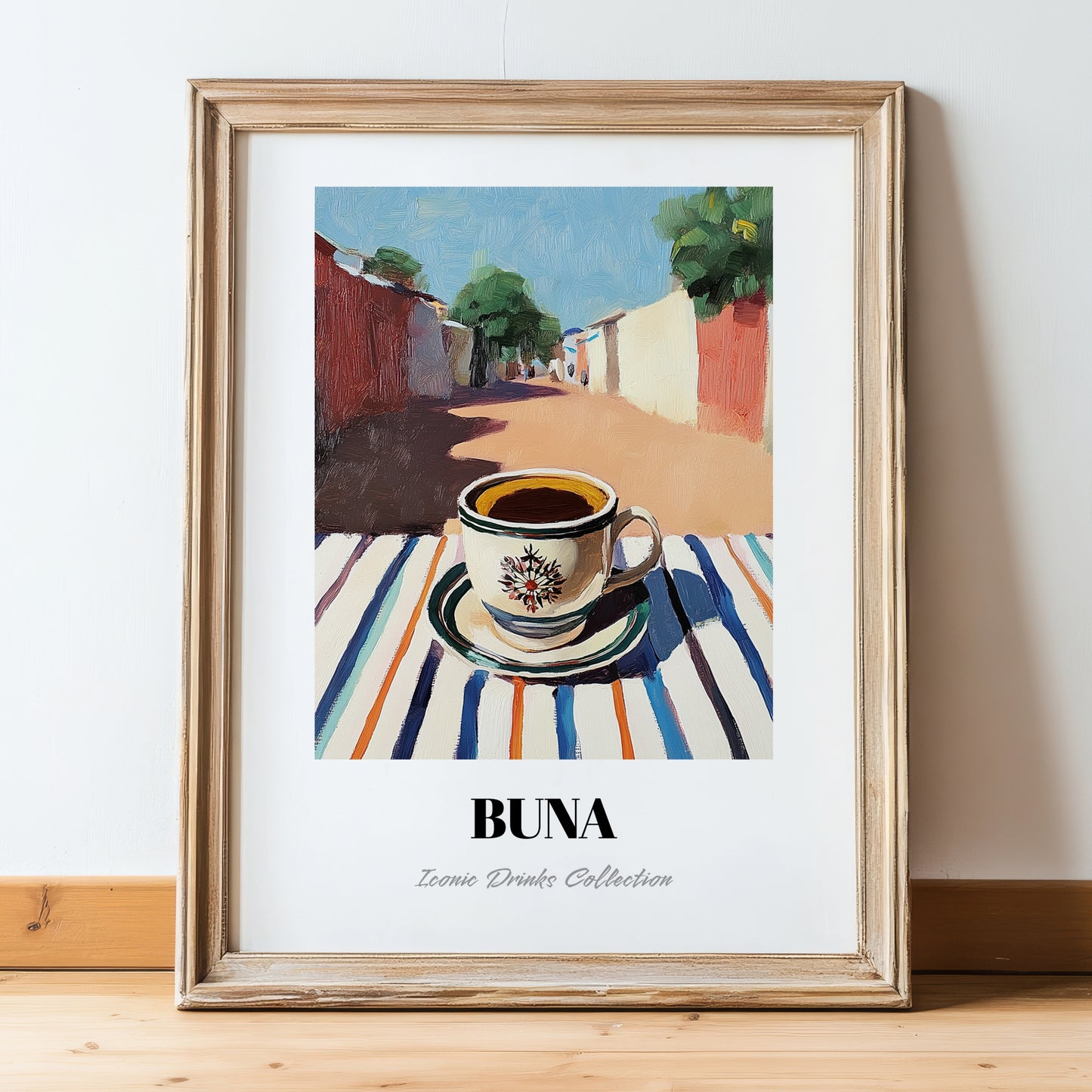 Buna – Ethiopian Outdoor Café Scene, Ethiopian Coffee Wall Decor, in wooden frame leaning on the floor