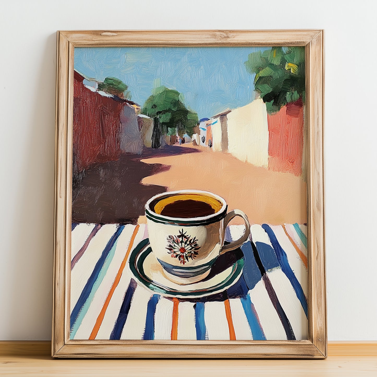 Buna – Ethiopian Outdoor Café Scene, Ethiopian Coffee Wall Decor, no-text version framed in wood