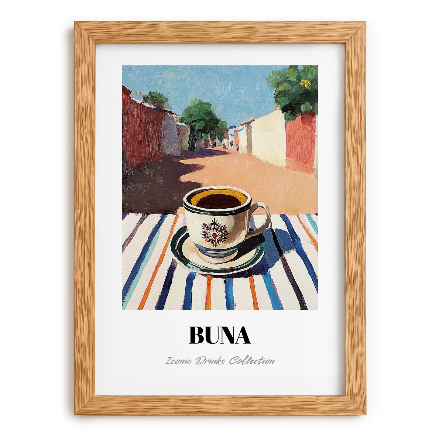 Buna – Ethiopian Outdoor Café Scene, Ethiopian Coffee Wall Decor, set in oak frame
