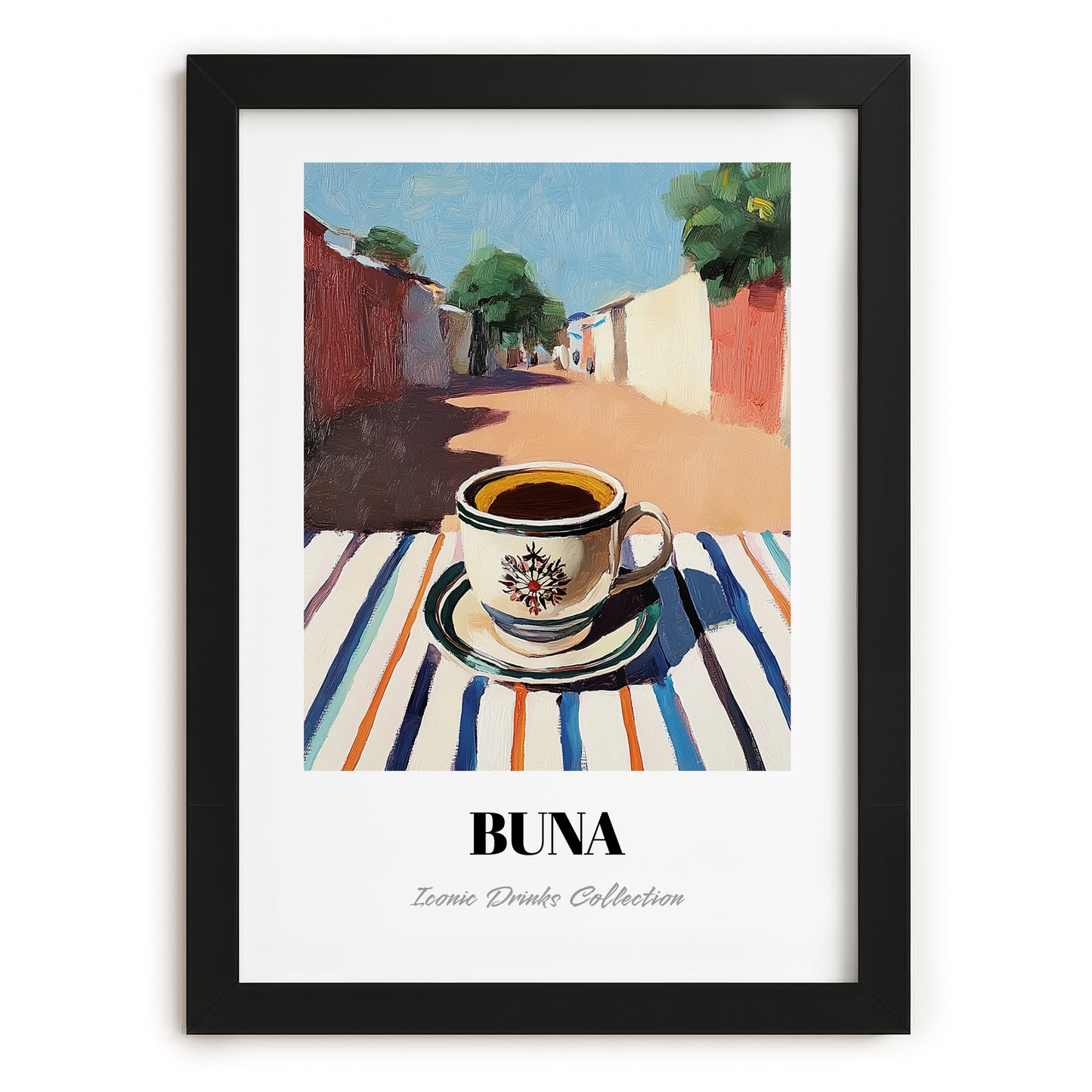 Buna – Ethiopian Outdoor Café Scene, Ethiopian Coffee Wall Decor, in sleek black frame
