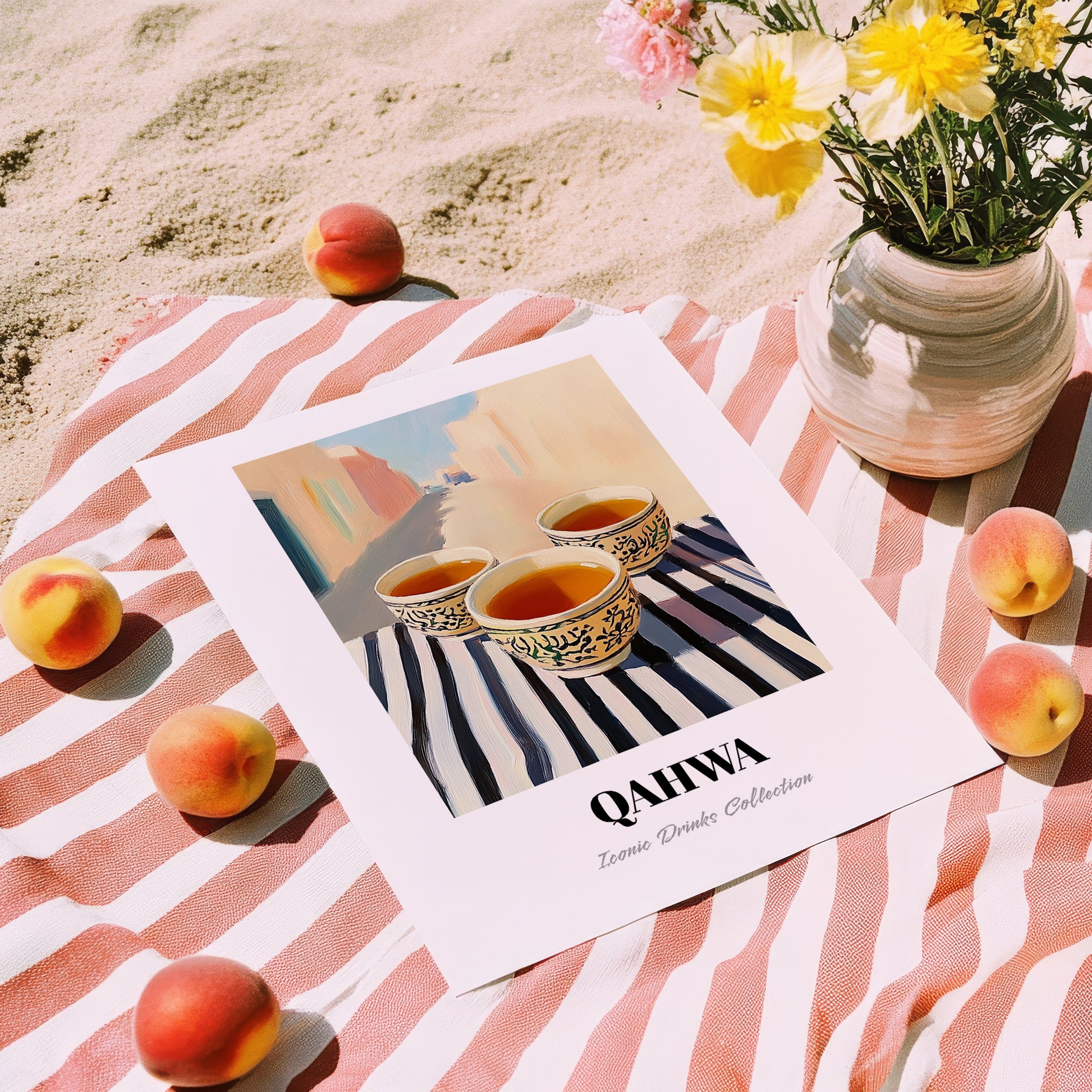 Qahwa – Saudi Café on the Corner, Saudi Coffee Still Life, unframed on coastal sand