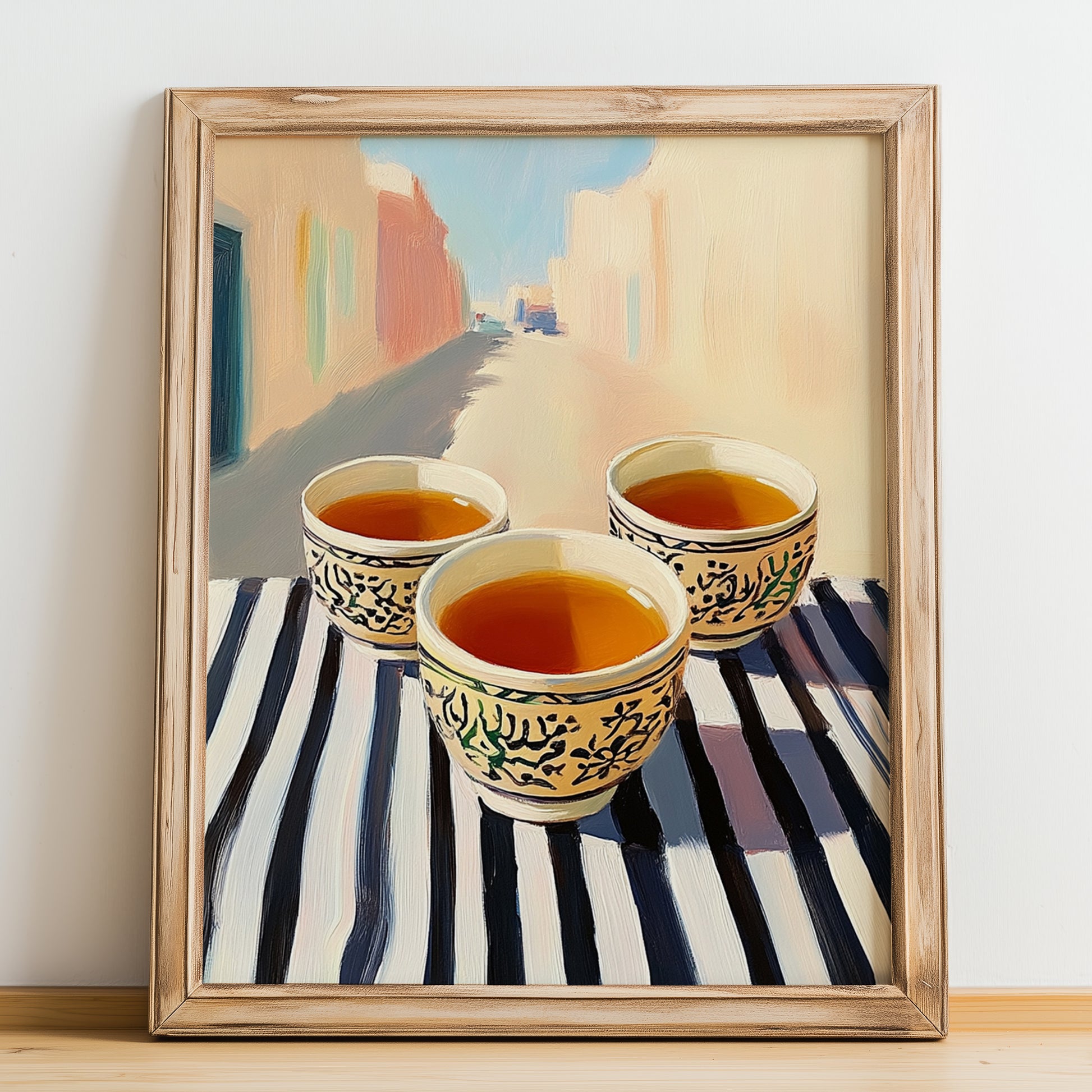 Qahwa – Saudi Café on the Corner, Saudi Coffee Still Life, no-text version framed in wood