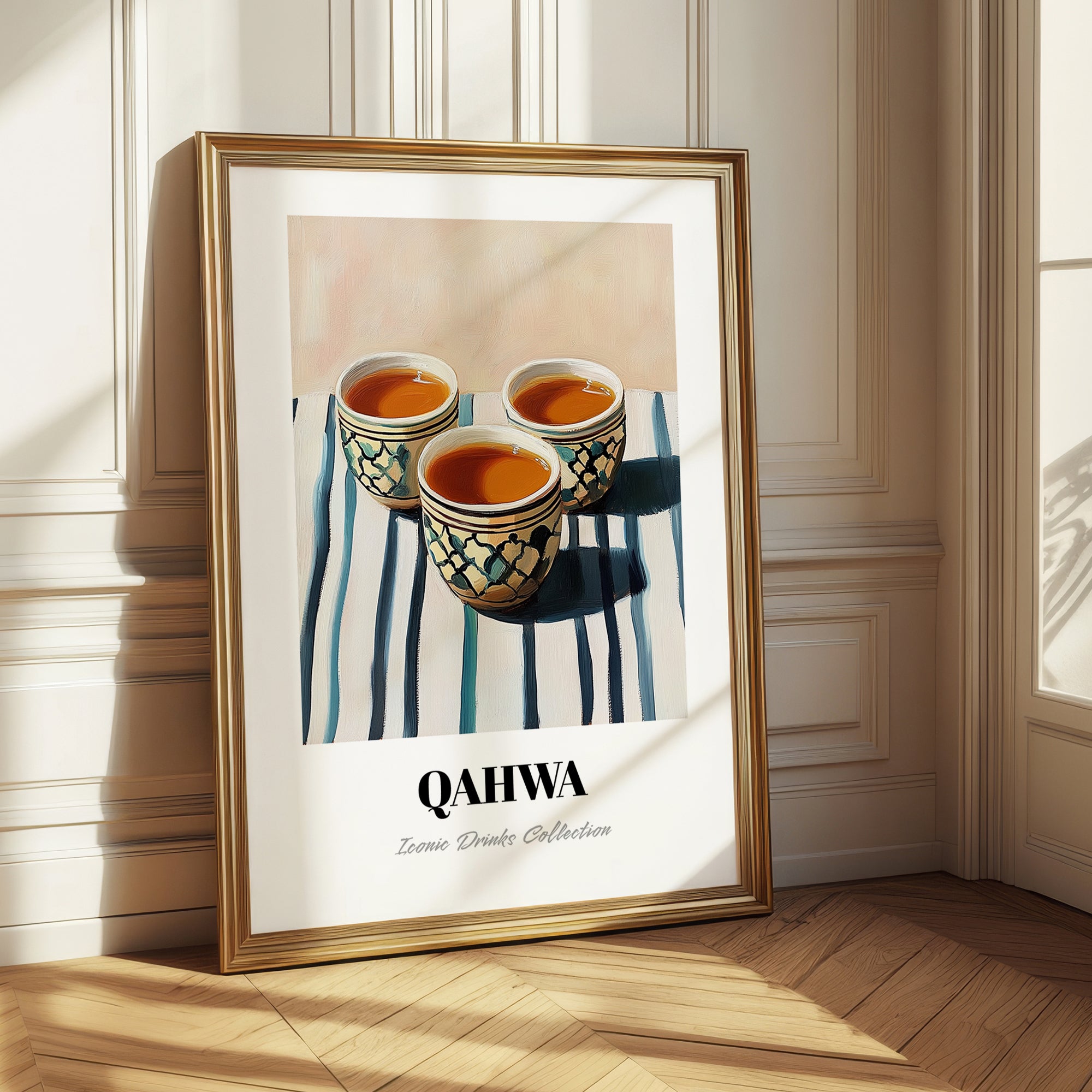 Qahwa – on Striped Tablecloth, Saudi Beverage Wall Decor