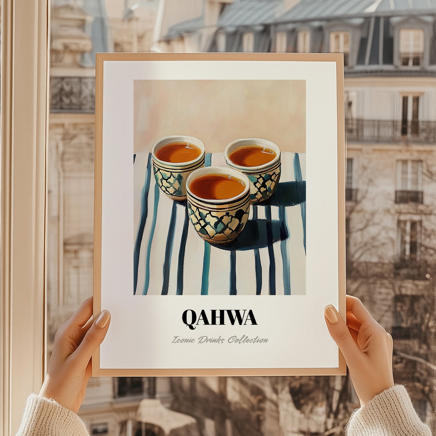 Qahwa – on Striped Tablecloth, Saudi Beverage Wall Decor, styled in a charming Paris street view