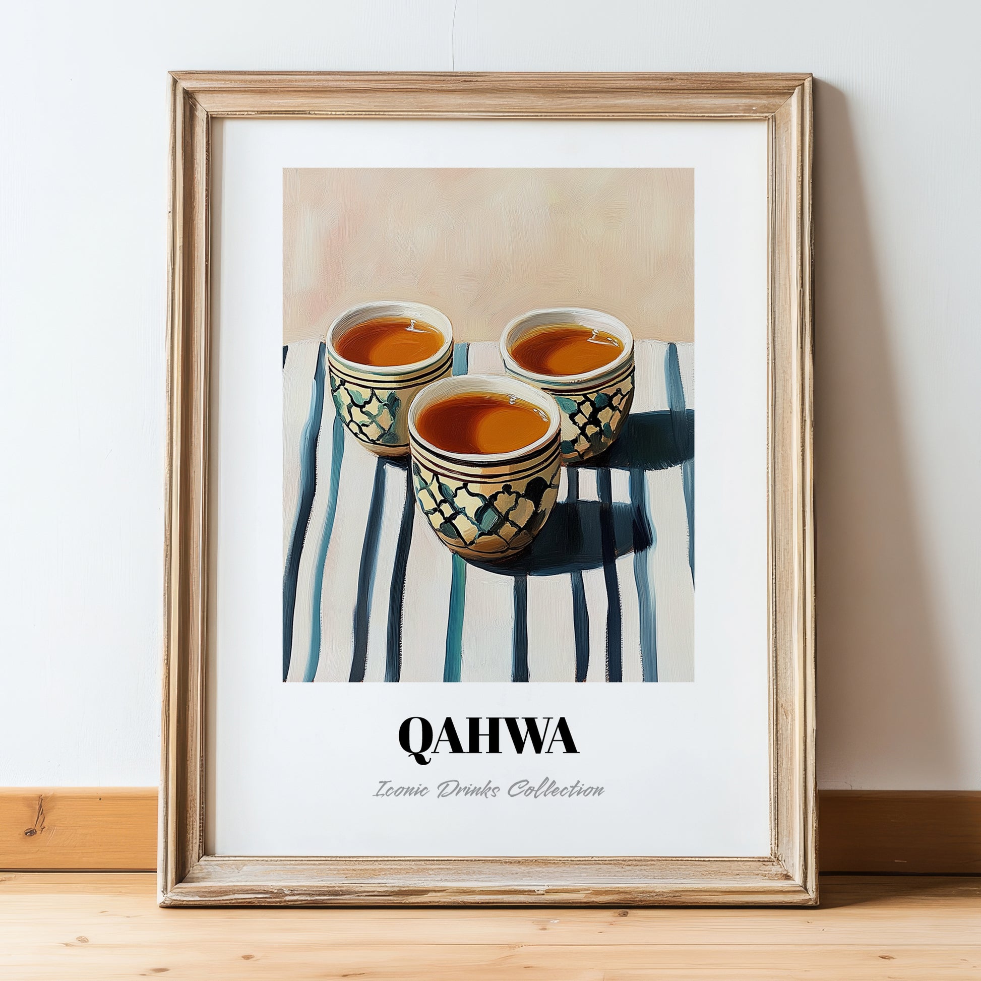 Qahwa – on Striped Tablecloth, Saudi Beverage Wall Decor, in wooden frame leaning on the floor