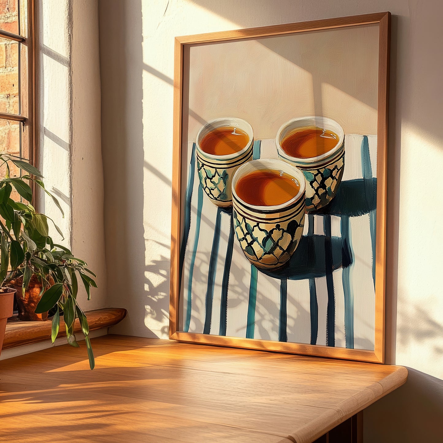 Qahwa – on Striped Tablecloth, Saudi Beverage Wall Decor, clean layout with no caption