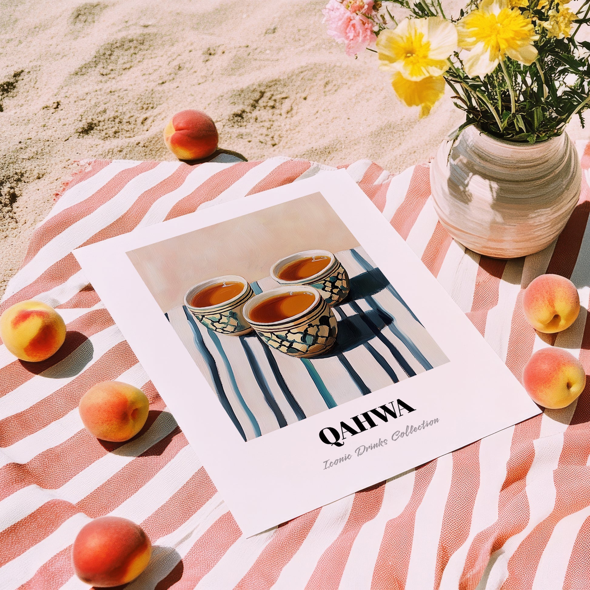 Qahwa – on Striped Tablecloth, Saudi Beverage Wall Decor, unframed on coastal sand