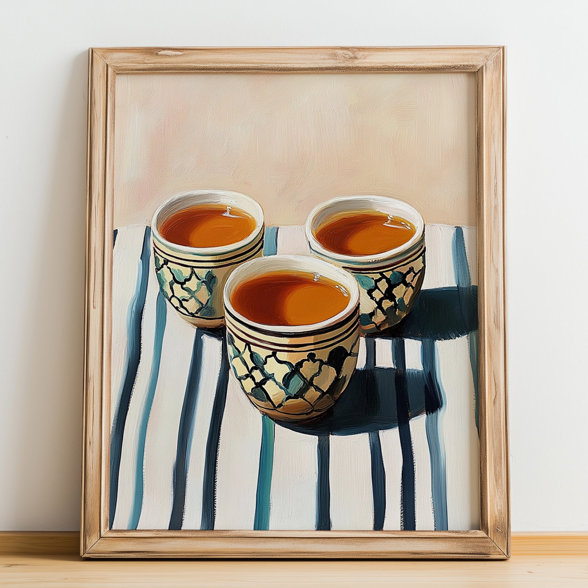Qahwa – on Striped Tablecloth, Saudi Beverage Wall Decor, no-text version framed in wood