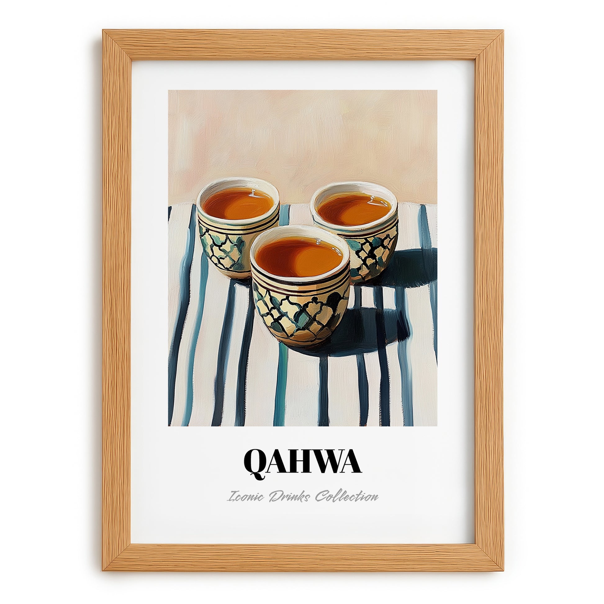 Qahwa – on Striped Tablecloth, Saudi Beverage Wall Decor, set in oak frame