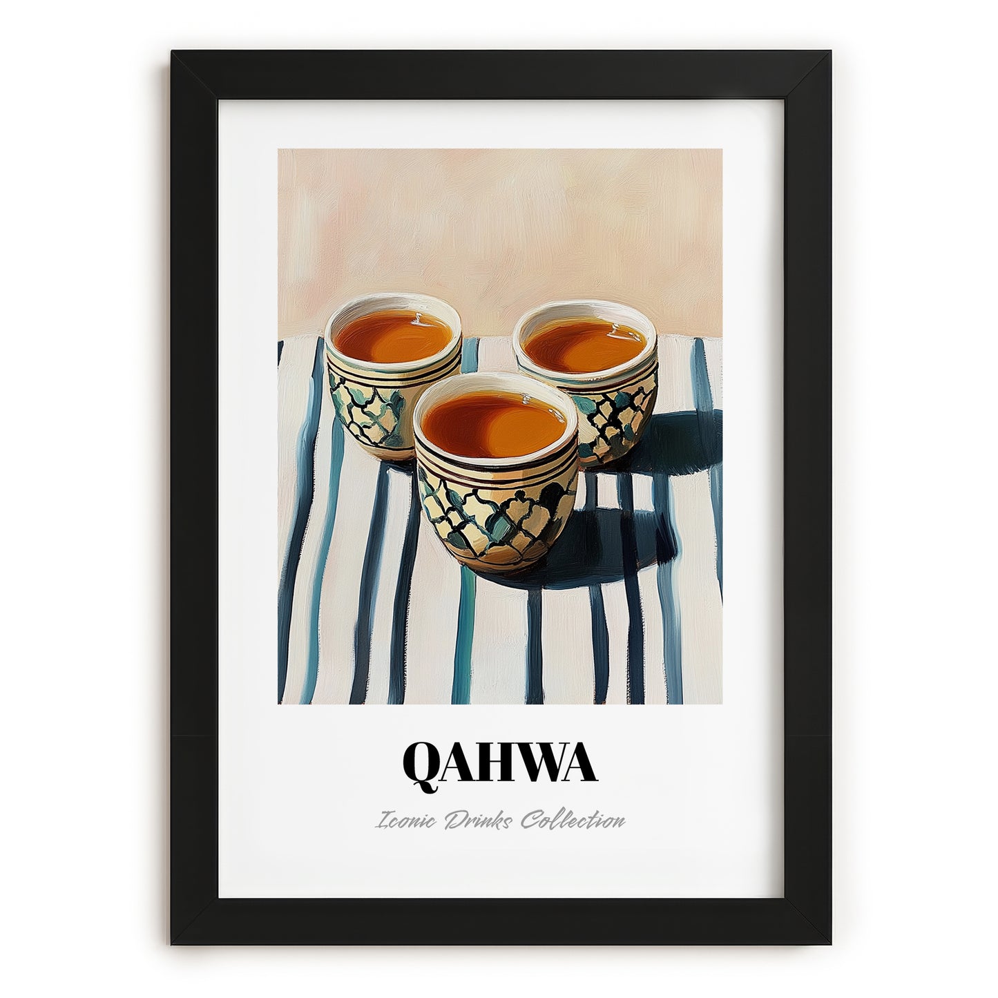 Qahwa – on Striped Tablecloth, Saudi Beverage Wall Decor, in sleek black frame