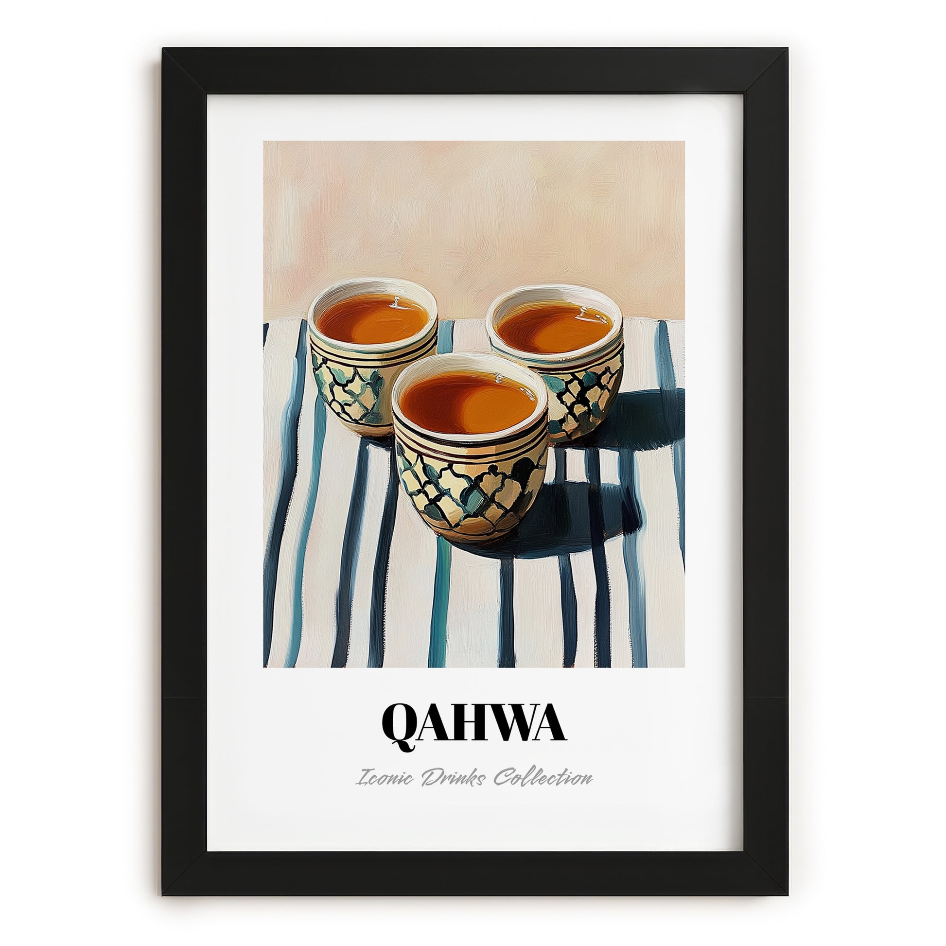 Qahwa – on Striped Tablecloth, Saudi Beverage Wall Decor, in sleek black frame
