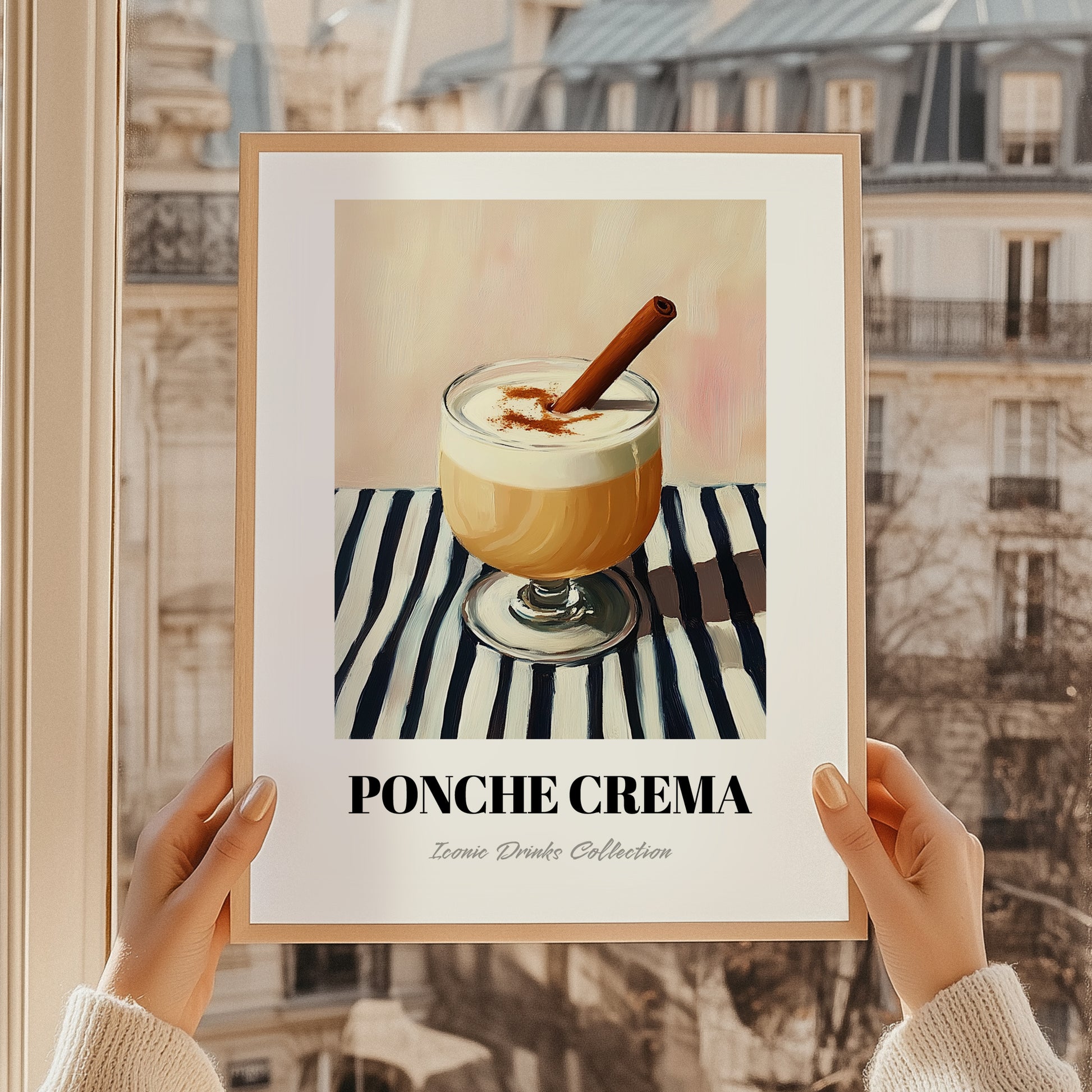 Ponche Crema – on Striped Tablecloth, Venezuelan Beverage Still Life, styled in a charming Paris street view