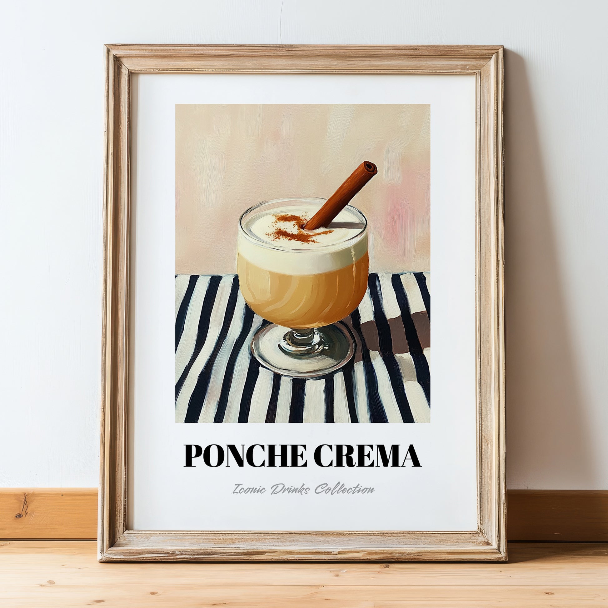 Ponche Crema – on Striped Tablecloth, Venezuelan Beverage Still Life, in wooden frame leaning on the floor