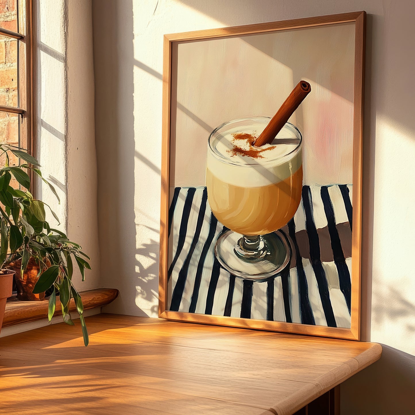 Ponche Crema – on Striped Tablecloth, Venezuelan Beverage Still Life, clean layout with no caption
