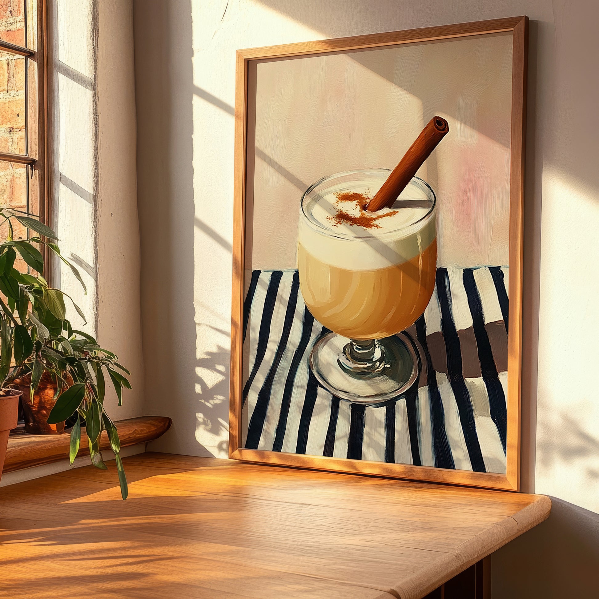 Ponche Crema – on Striped Tablecloth, Venezuelan Beverage Still Life, clean layout with no caption
