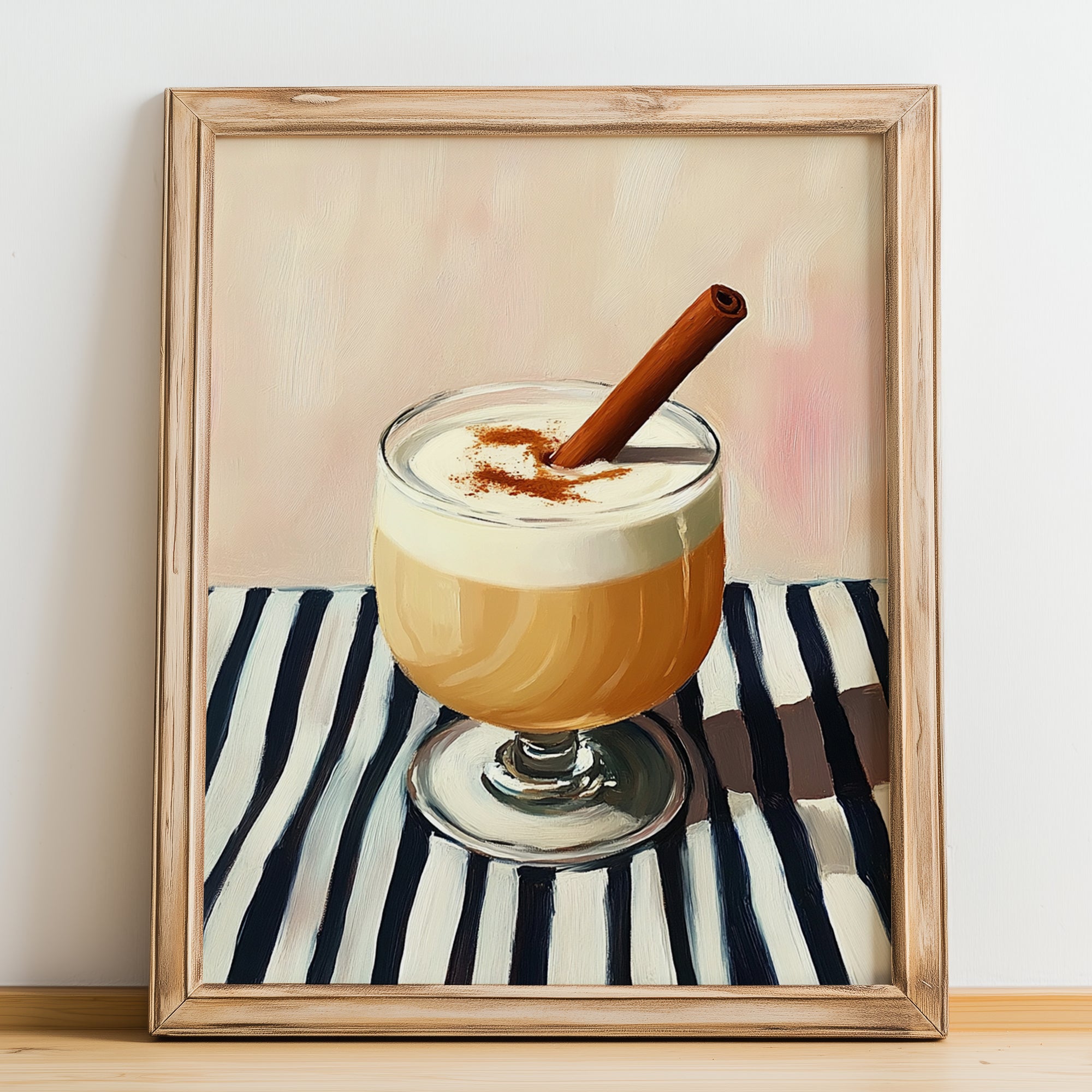 Ponche Crema – on Striped Tablecloth, Venezuelan Beverage Still Life, no-text version framed in wood