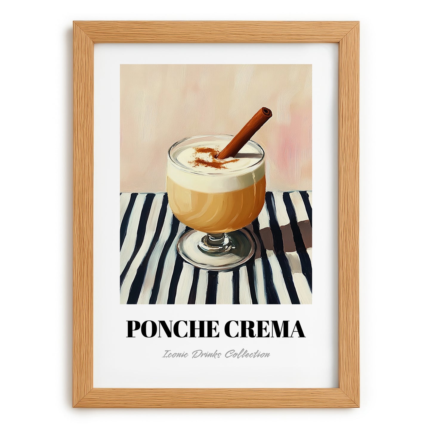 Ponche Crema – on Striped Tablecloth, Venezuelan Beverage Still Life, set in oak frame