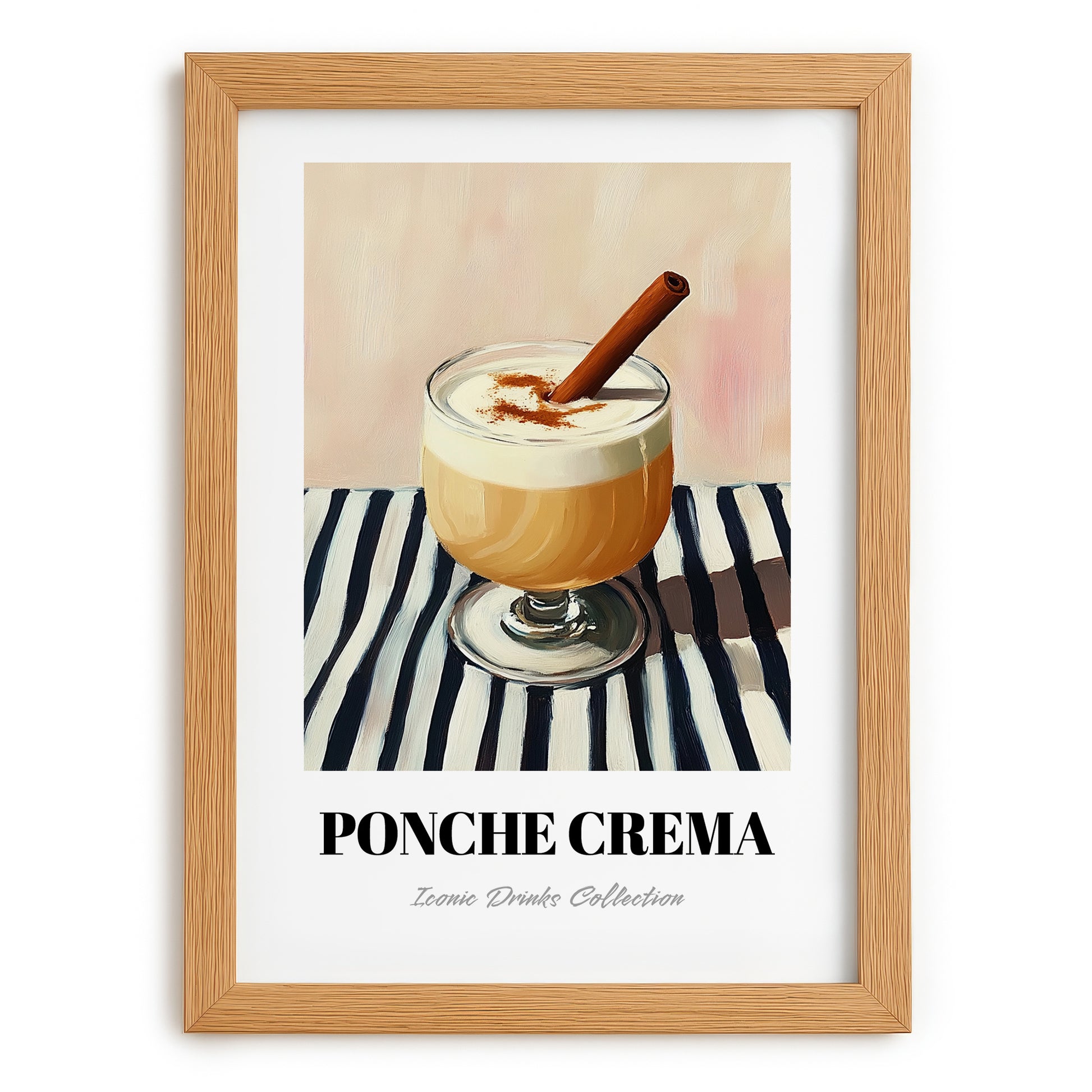 Ponche Crema – on Striped Tablecloth, Venezuelan Beverage Still Life, set in oak frame