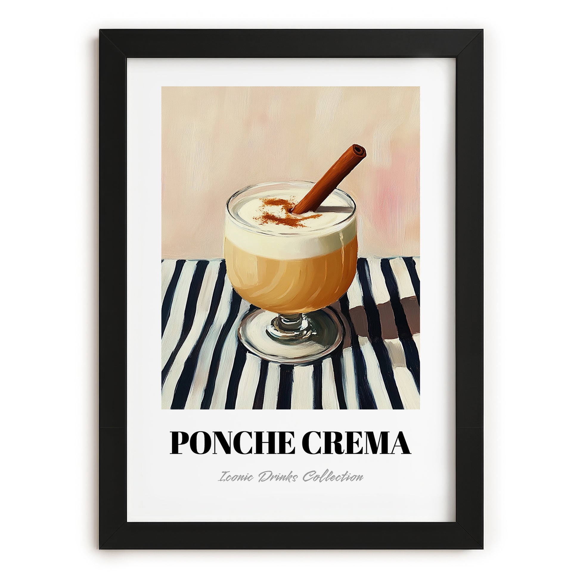 Ponche Crema – on Striped Tablecloth, Venezuelan Beverage Still Life, in sleek black frame