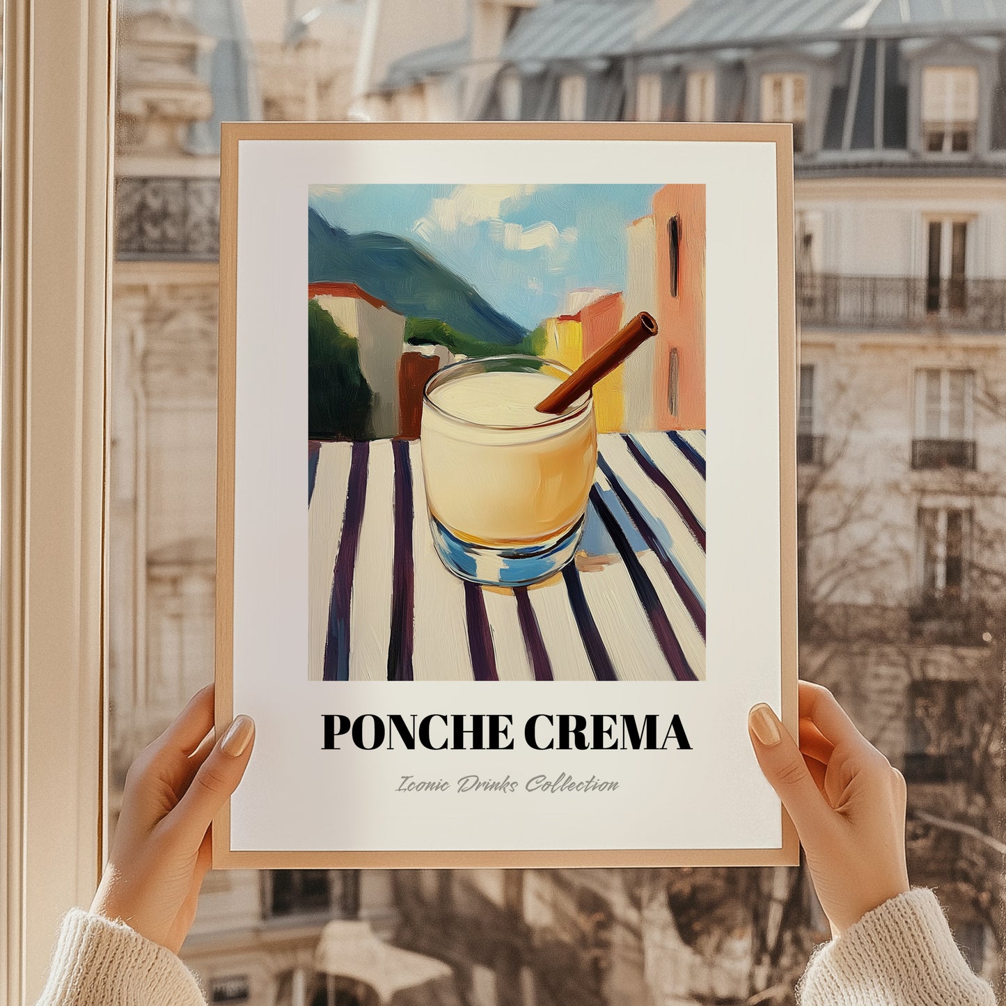 Ponche Crema – Venezuelan Outdoor Café Scene, Venezuelan Spirit Still Life, styled in a charming Paris street view