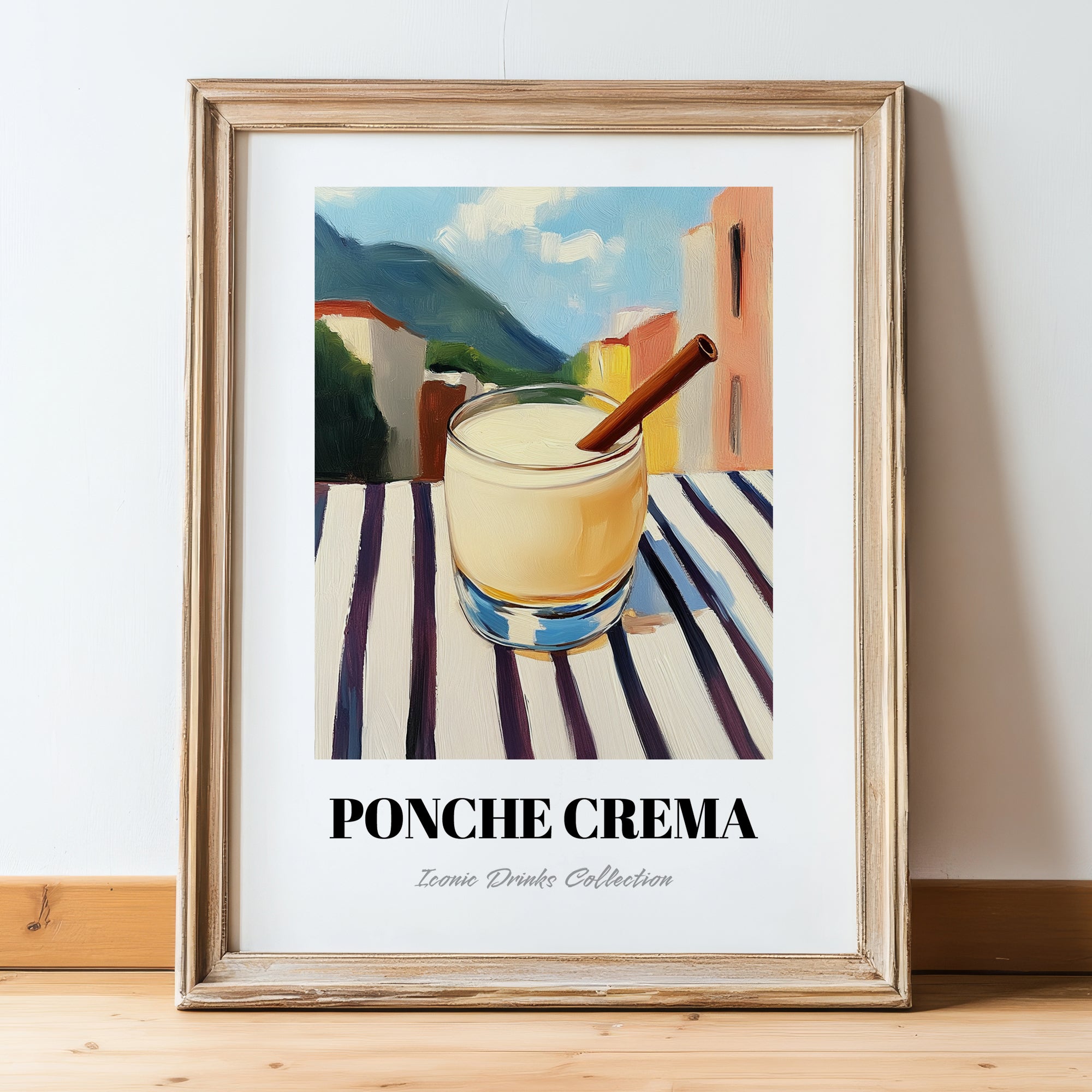 Ponche Crema – Venezuelan Outdoor Café Scene, Venezuelan Spirit Still Life, in wooden frame leaning on the floor