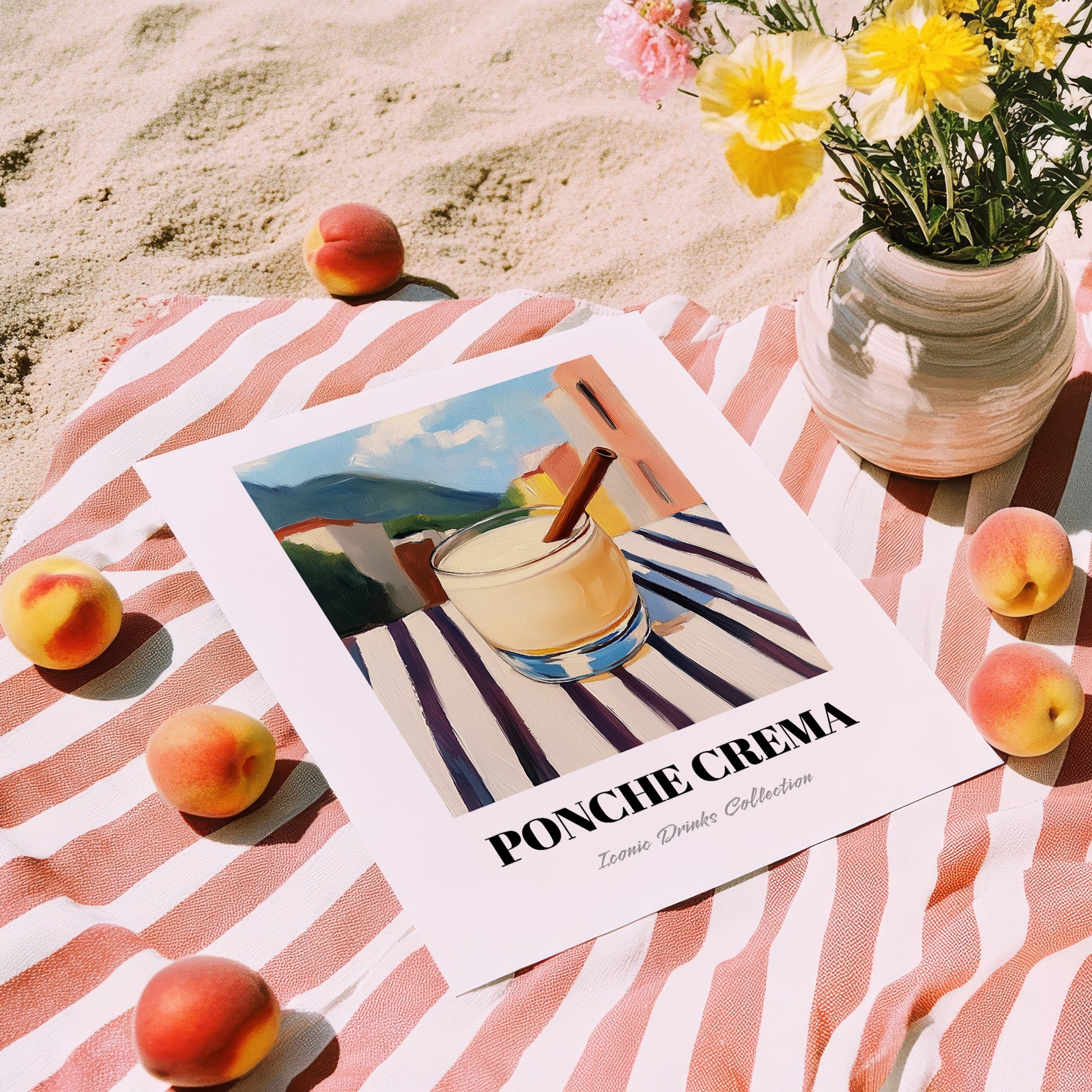 Ponche Crema – Venezuelan Outdoor Café Scene, Venezuelan Spirit Still Life, unframed on coastal sand