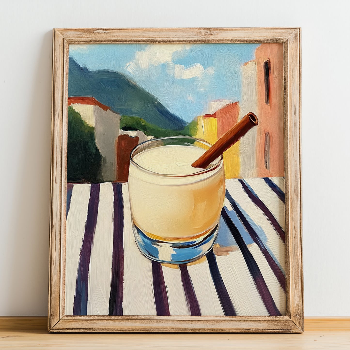 Ponche Crema – Venezuelan Outdoor Café Scene, Venezuelan Spirit Still Life, no-text version framed in wood