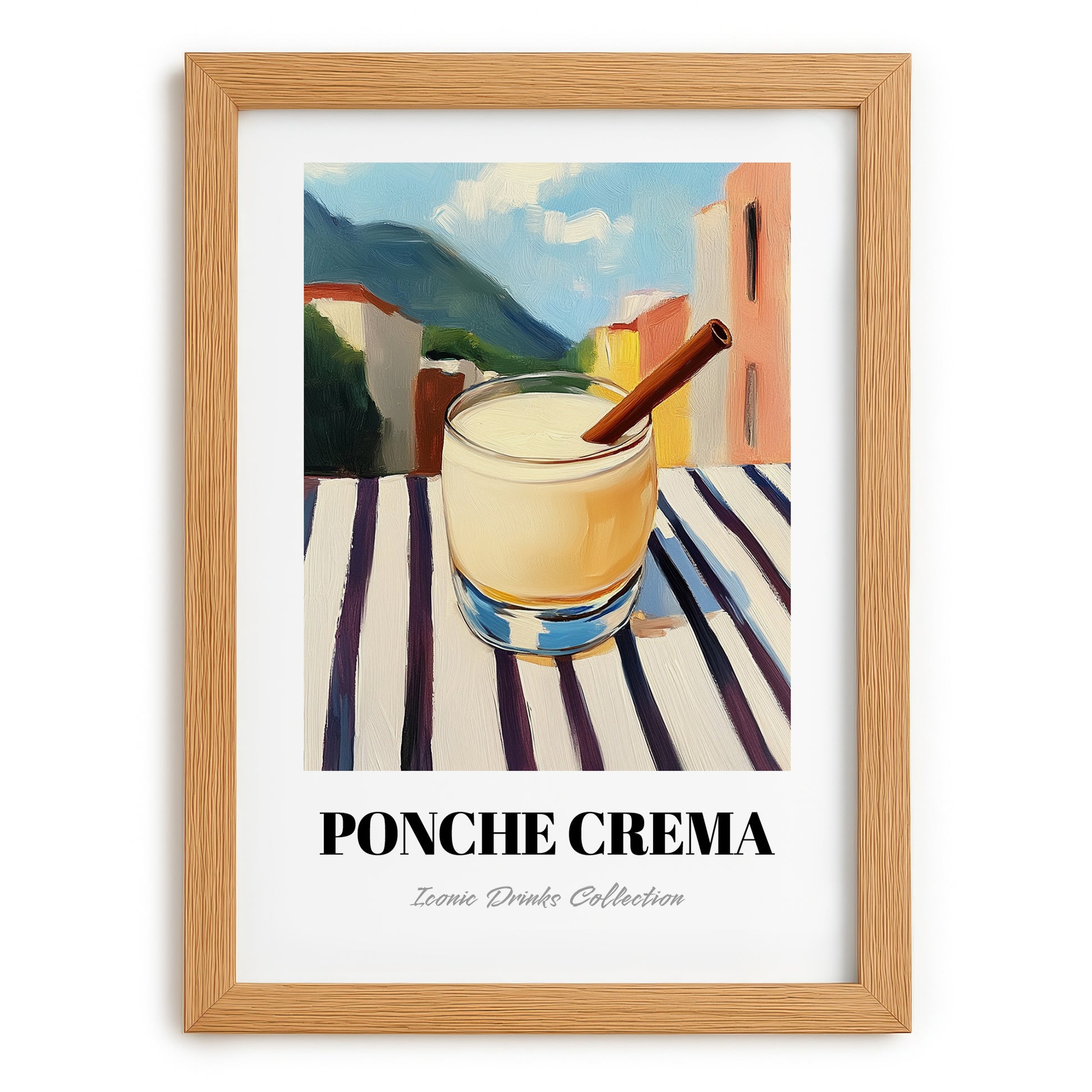Ponche Crema – Venezuelan Outdoor Café Scene, Venezuelan Spirit Still Life, set in oak frame