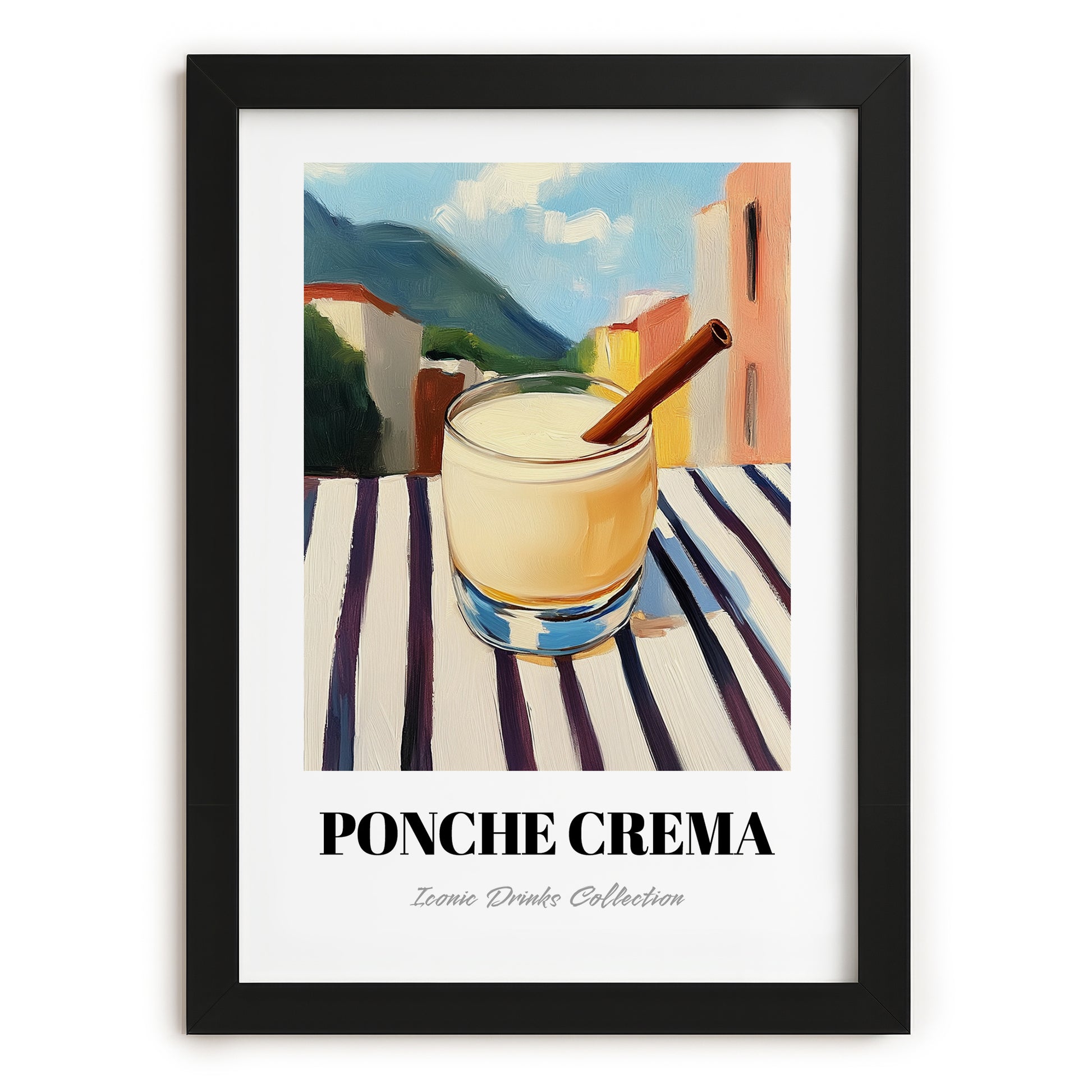 Ponche Crema – Venezuelan Outdoor Café Scene, Venezuelan Spirit Still Life, in sleek black frame