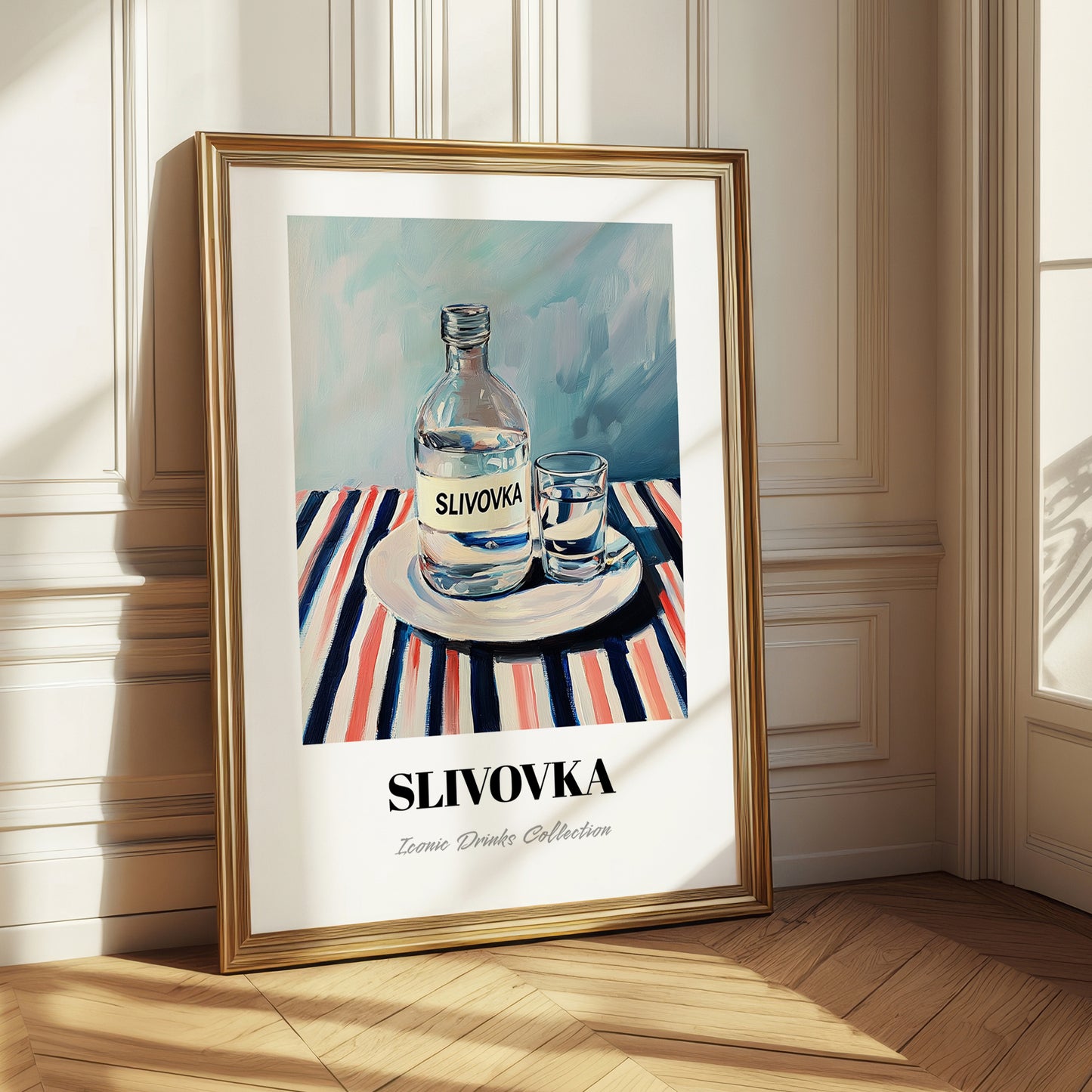 Slivovka – on Striped Tablecloth, Slovenian Beverage Poster