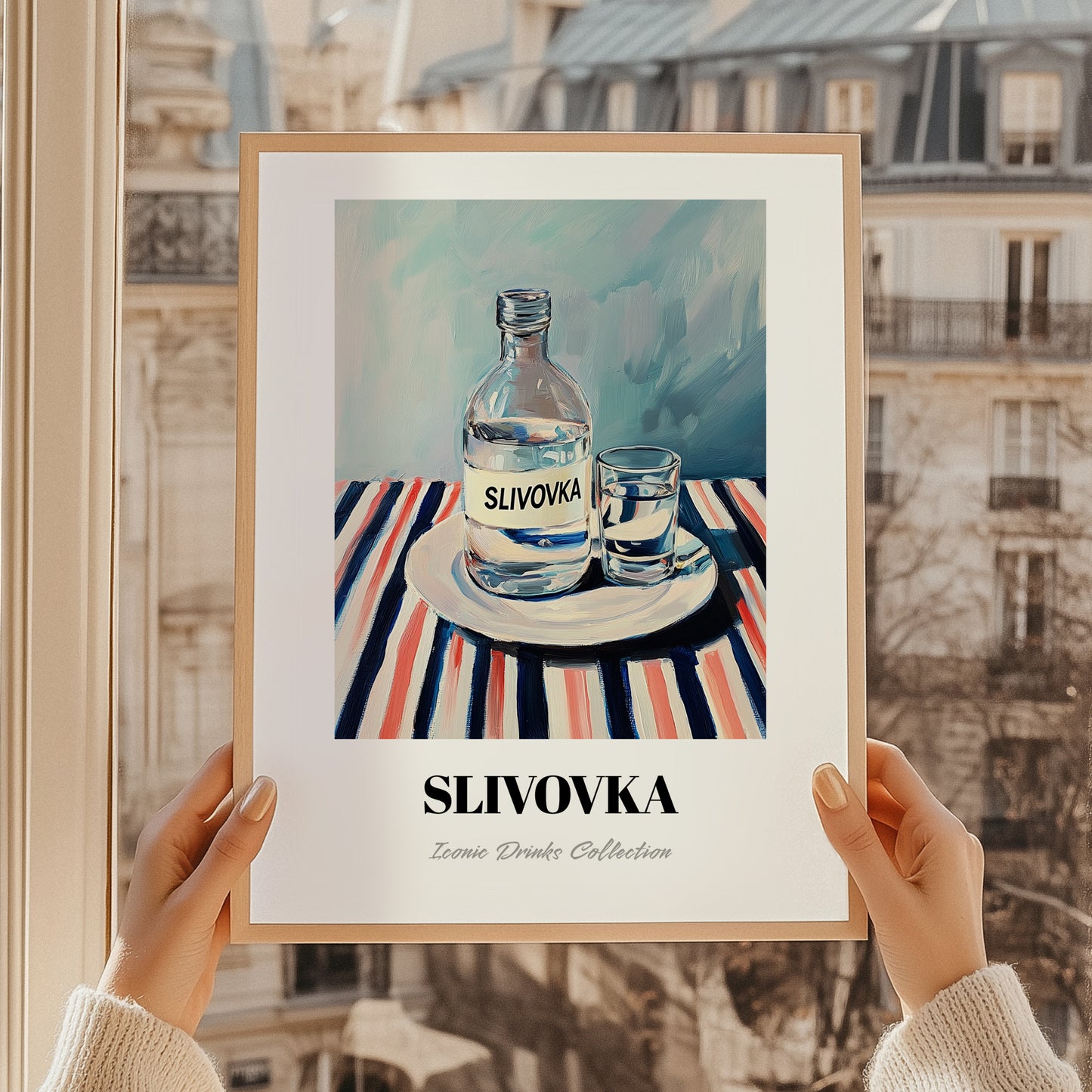 Slivovka – on Striped Tablecloth, Slovenian Beverage Poster, styled in a charming Paris street view
