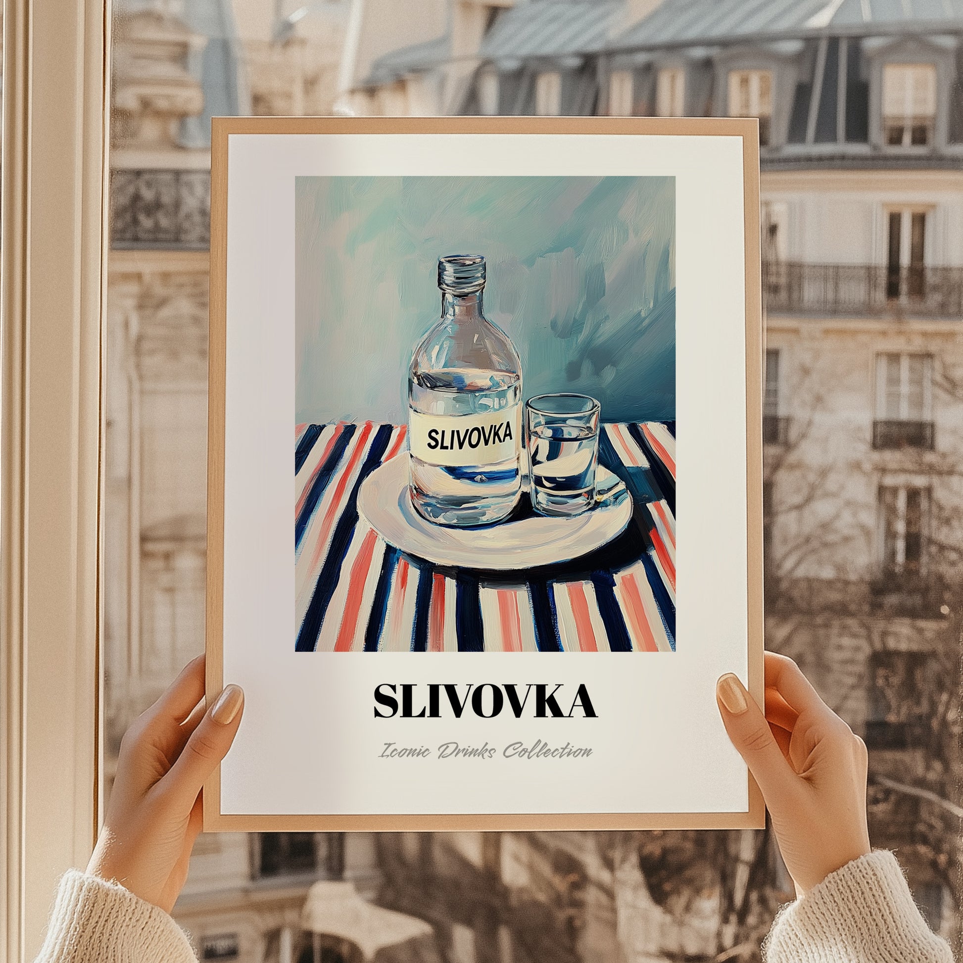 Slivovka – on Striped Tablecloth, Slovenian Beverage Poster, styled in a charming Paris street view