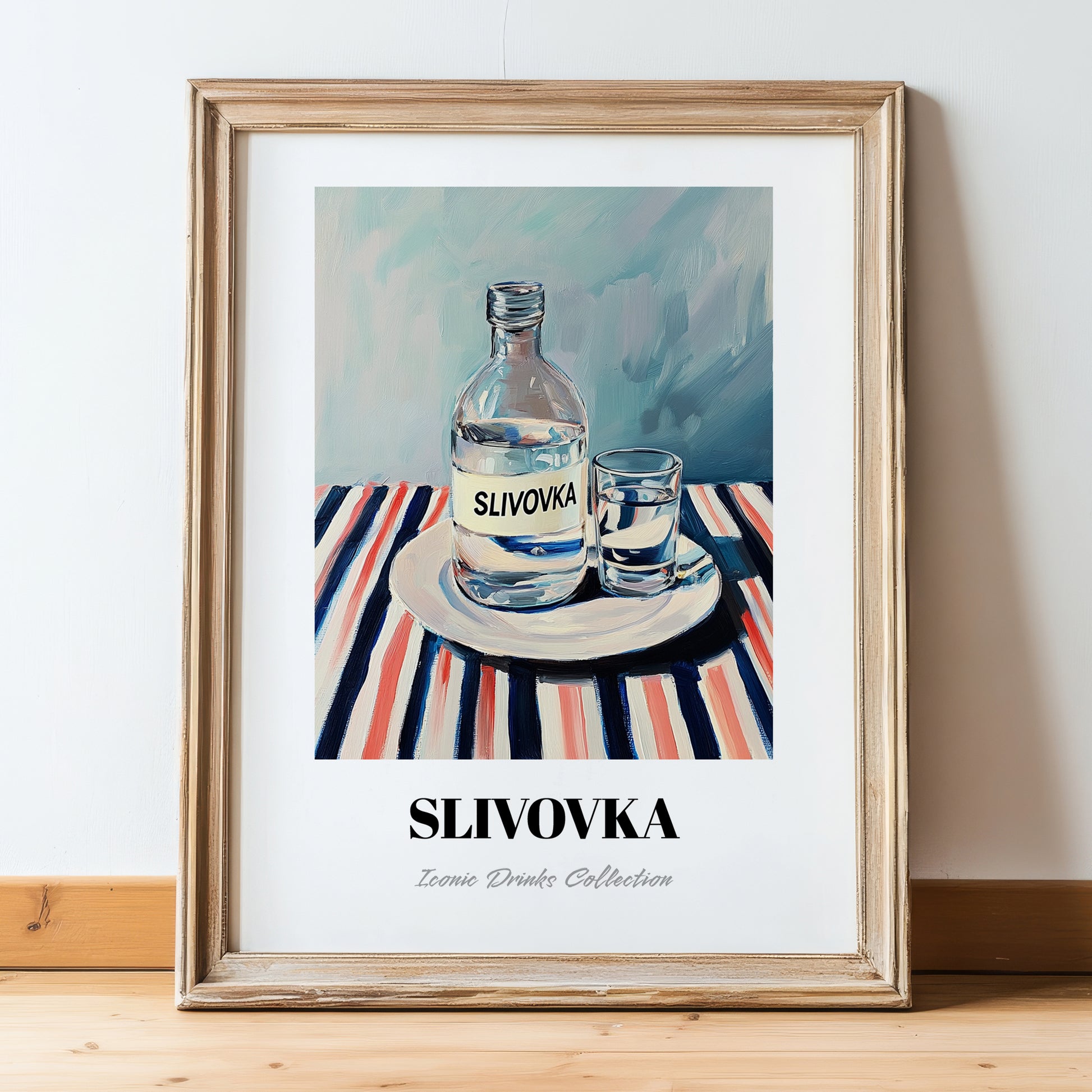 Slivovka – on Striped Tablecloth, Slovenian Beverage Poster, in wooden frame leaning on the floor