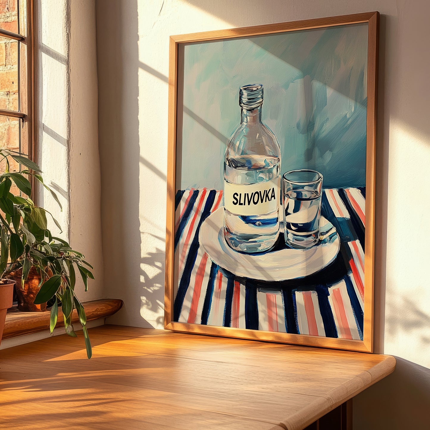 Slivovka – on Striped Tablecloth, Slovenian Beverage Poster, clean layout with no caption