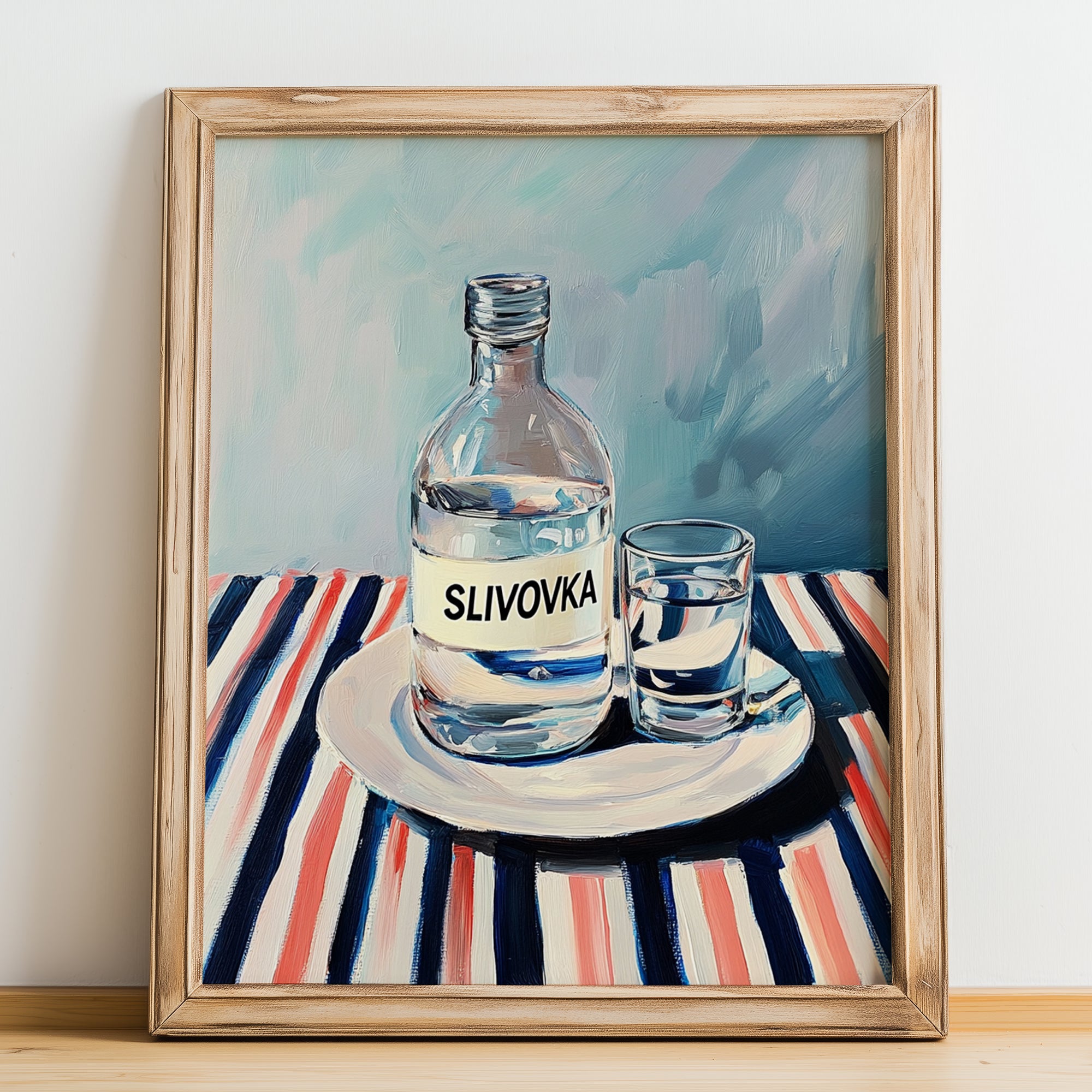 Slivovka – on Striped Tablecloth, Slovenian Beverage Poster, no-text version framed in wood