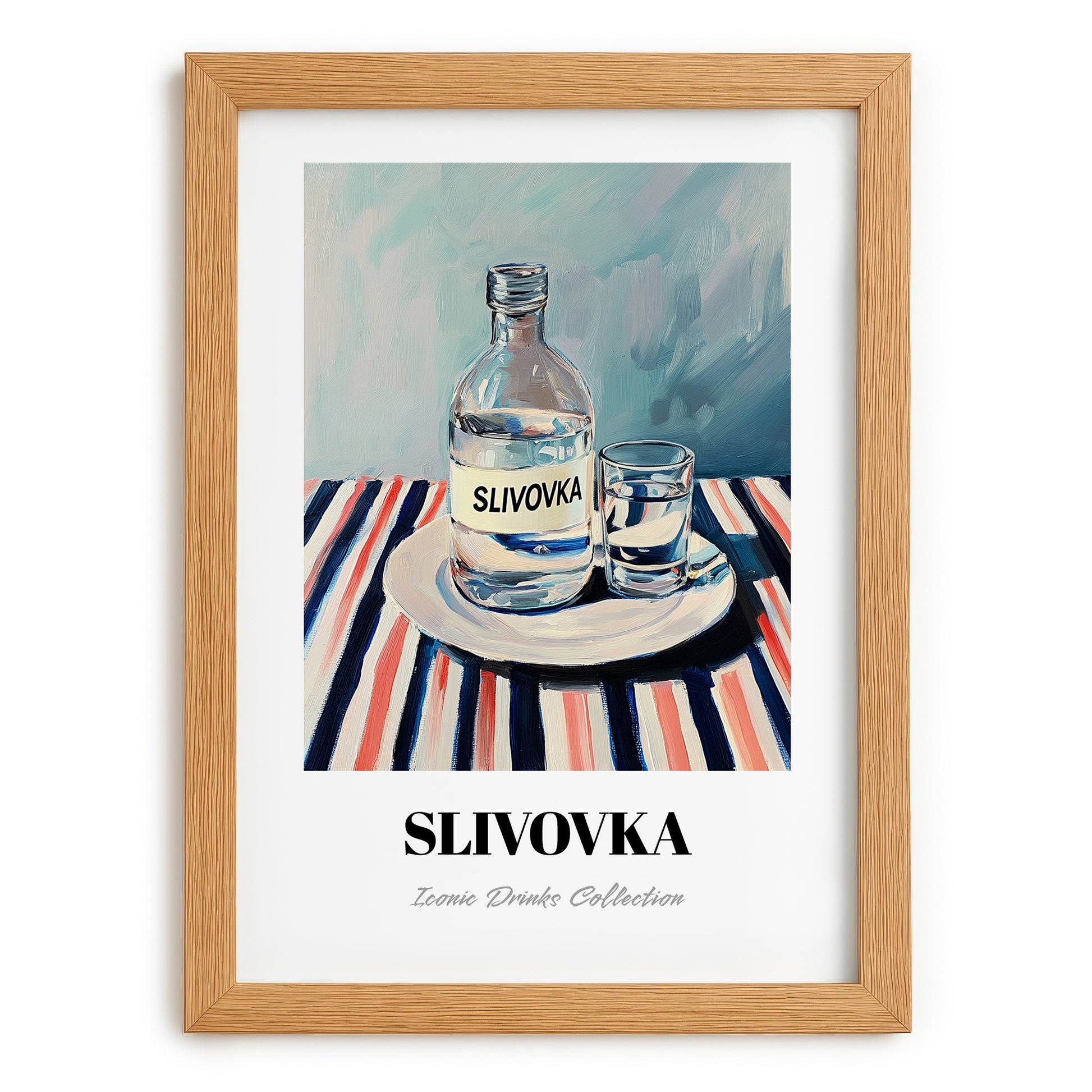 Slivovka – on Striped Tablecloth, Slovenian Beverage Poster, set in oak frame