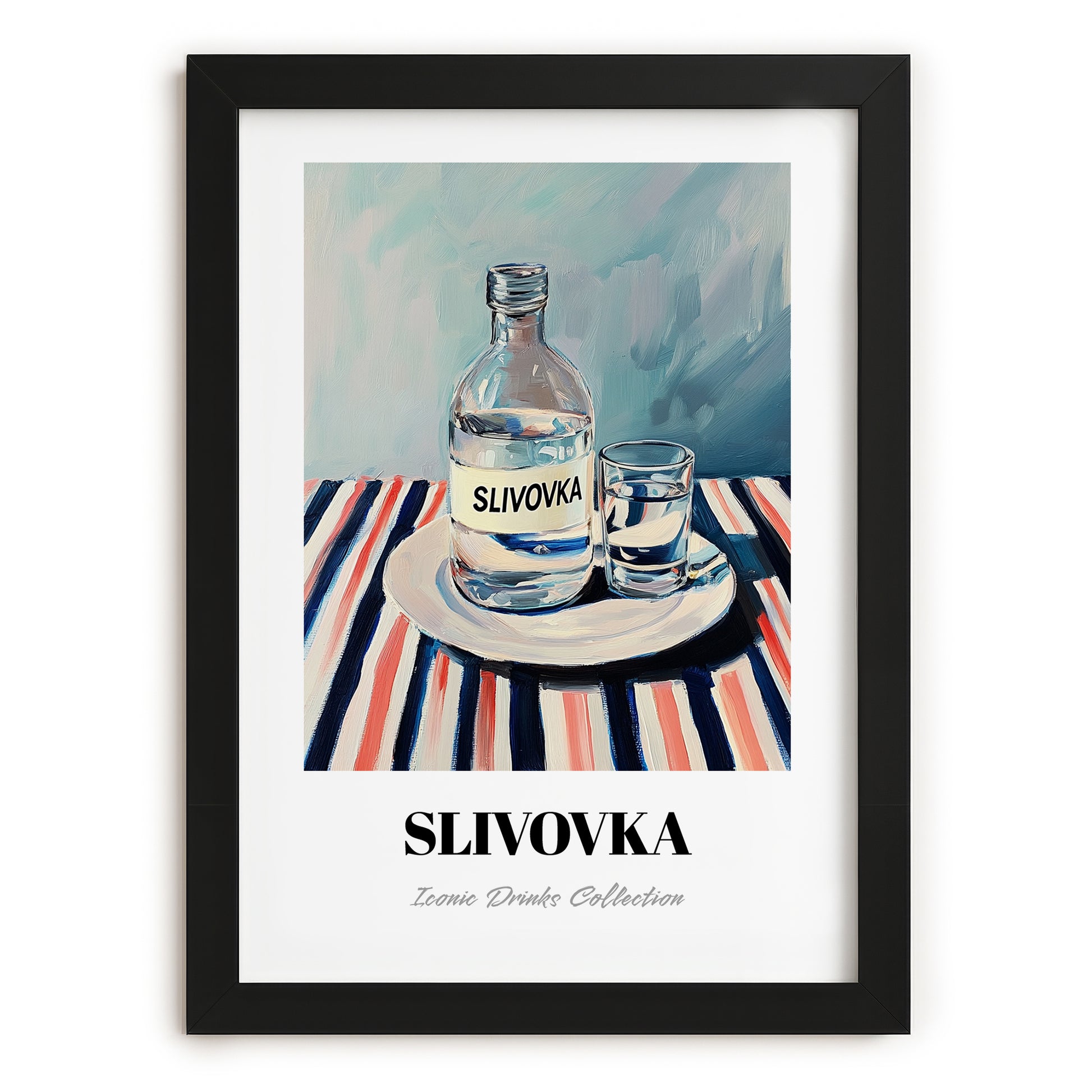 Slivovka – on Striped Tablecloth, Slovenian Beverage Poster, in sleek black frame