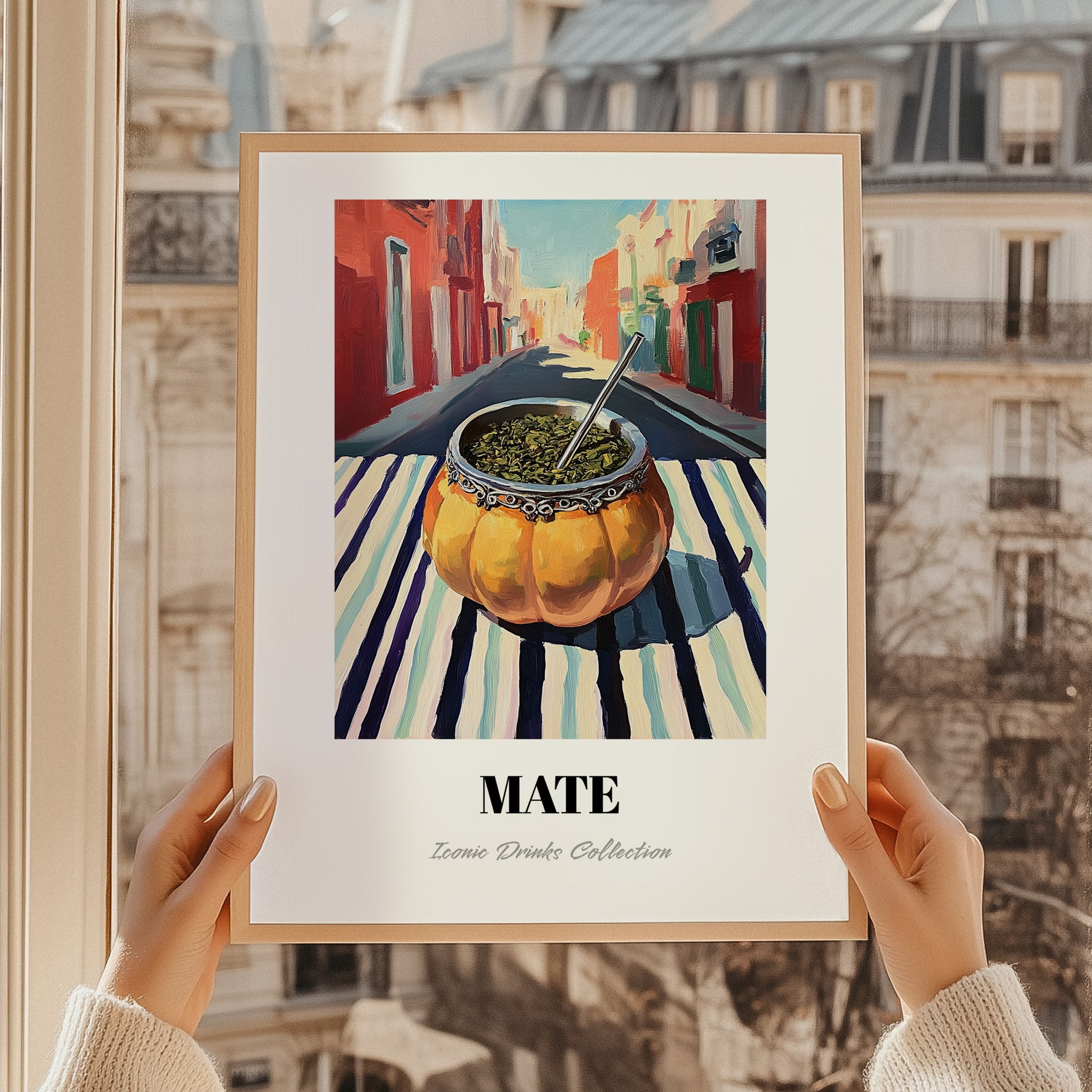 Maté – Uruguayan Street Café Scene, Uruguayan Beverage Poster, styled in a charming Paris street view