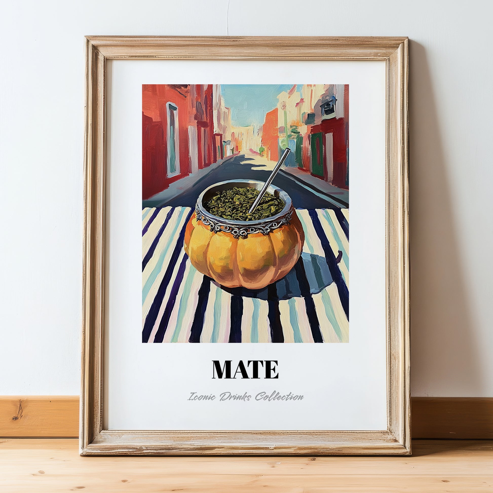 Maté – Uruguayan Street Café Scene, Uruguayan Beverage Poster, in wooden frame leaning on the floor