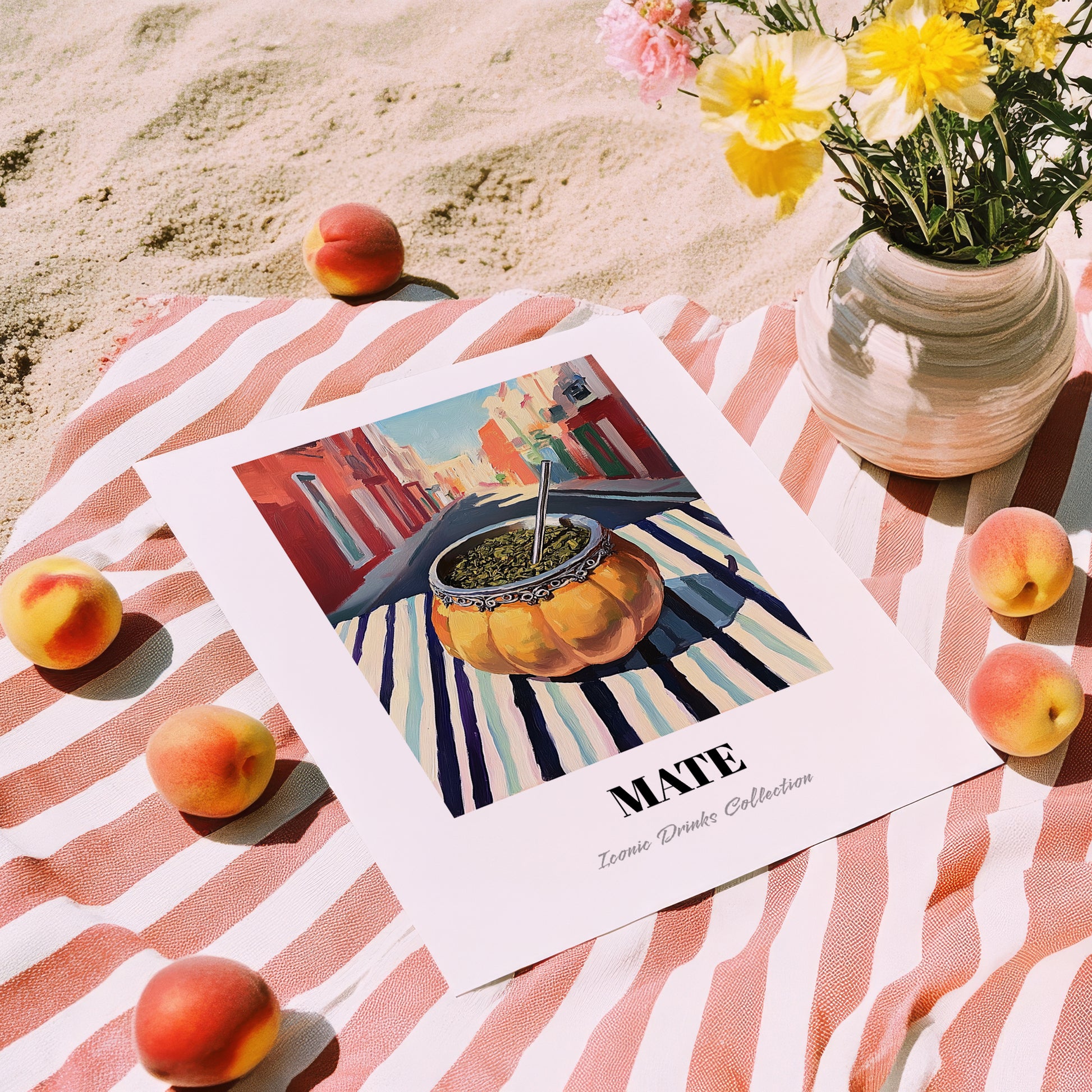 Maté – Uruguayan Street Café Scene, Uruguayan Beverage Poster, unframed on coastal sand