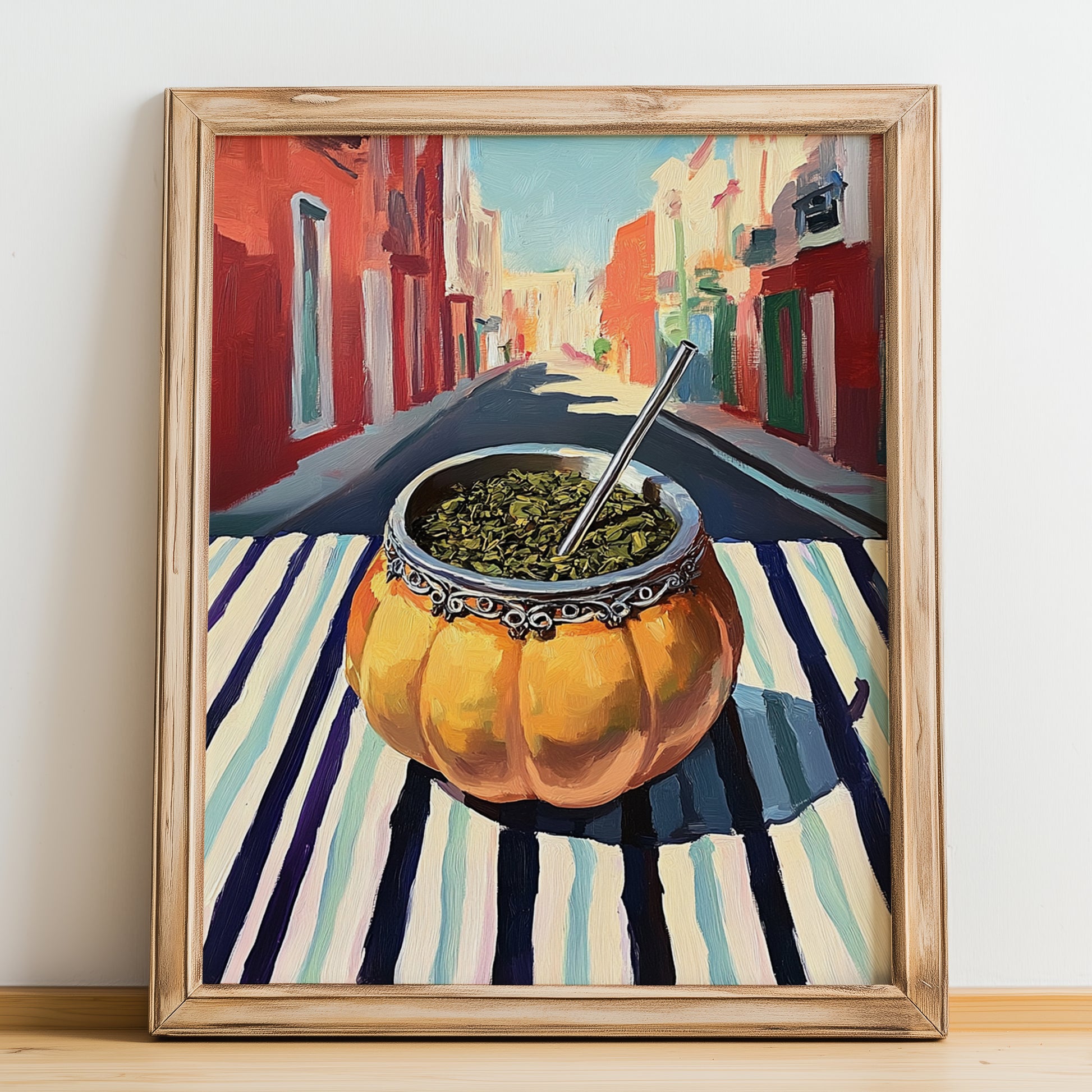 Maté – Uruguayan Street Café Scene, Uruguayan Beverage Poster, no-text version framed in wood