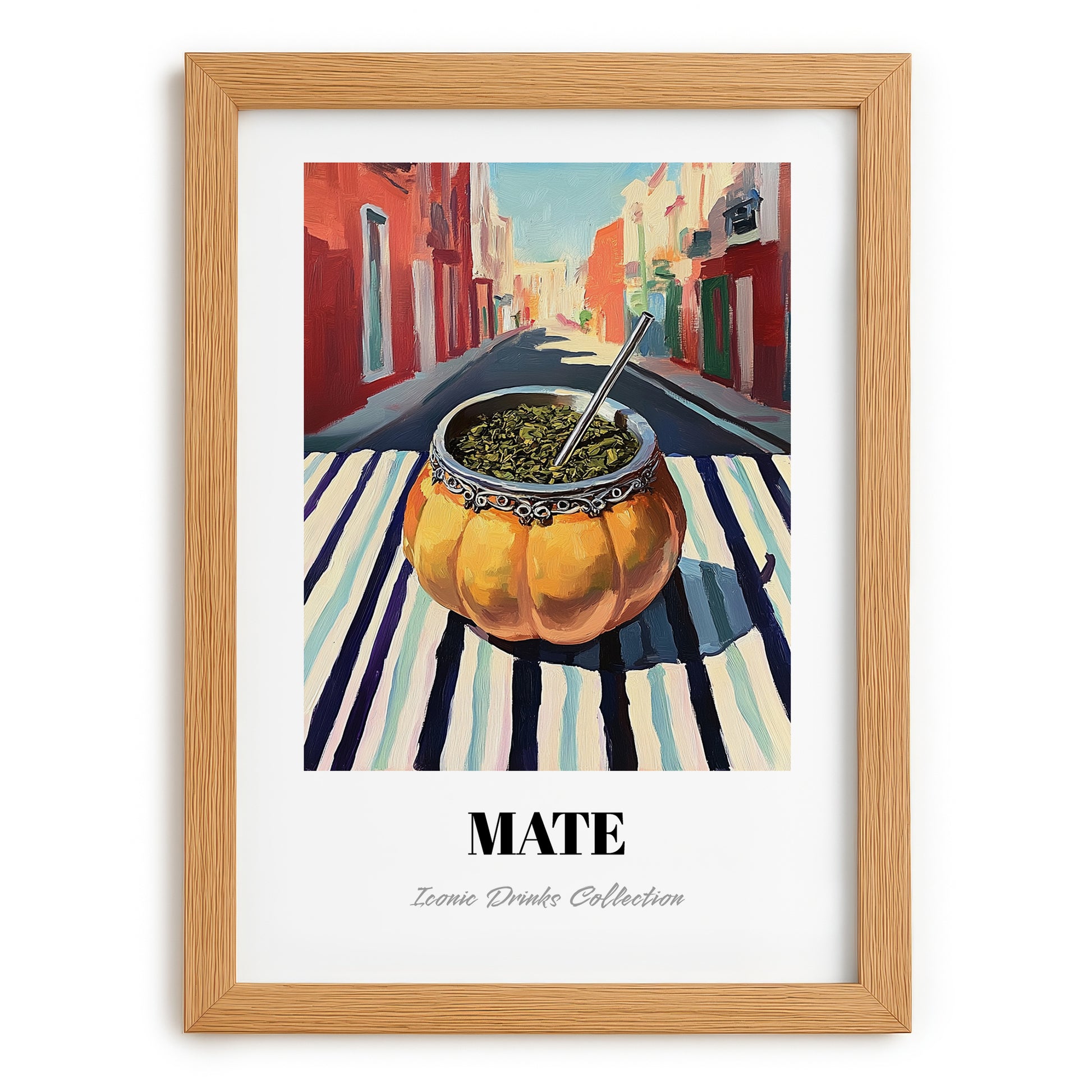 Maté – Uruguayan Street Café Scene, Uruguayan Beverage Poster, set in oak frame