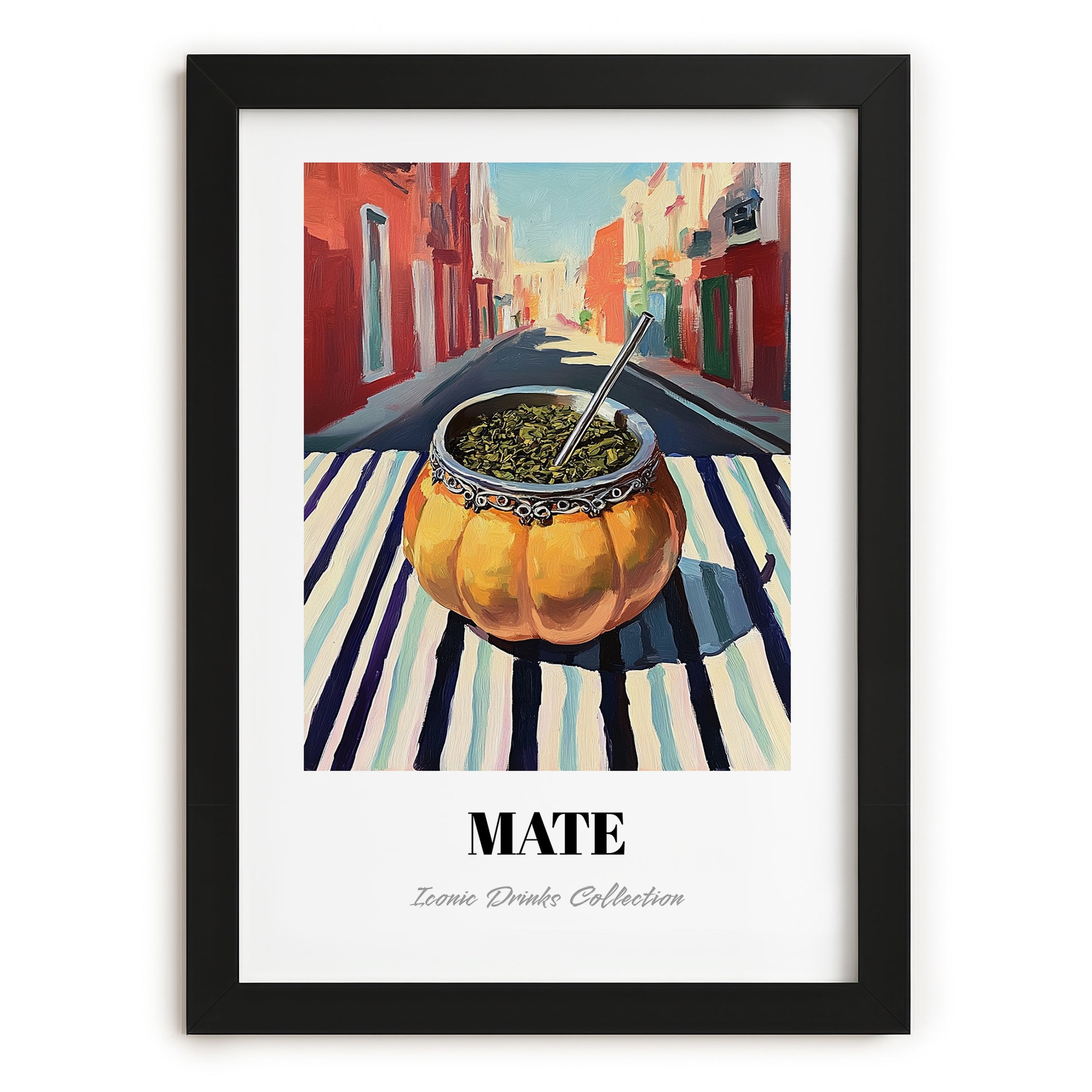 Maté – Uruguayan Street Café Scene, Uruguayan Beverage Poster, in sleek black frame