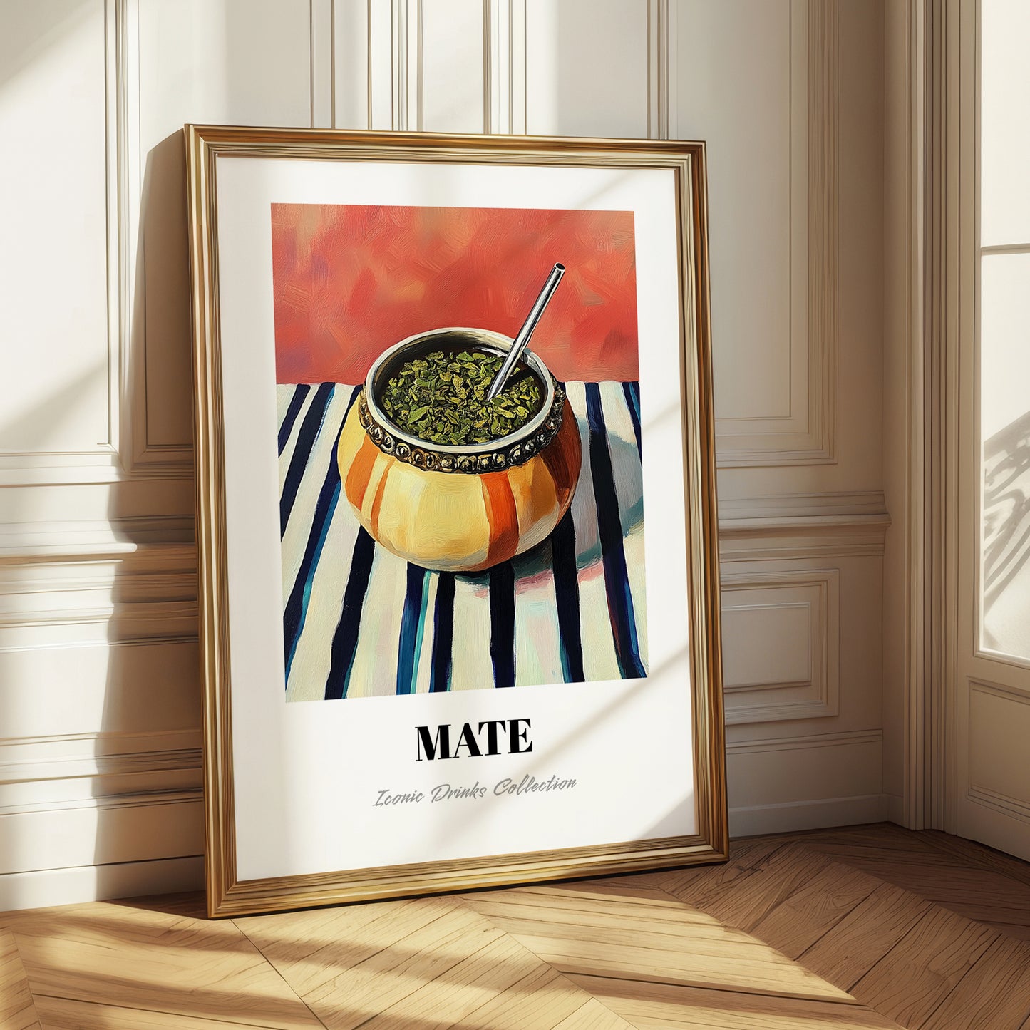 Maté – on Striped Tablecloth, Uruguayan Cocktail Painting