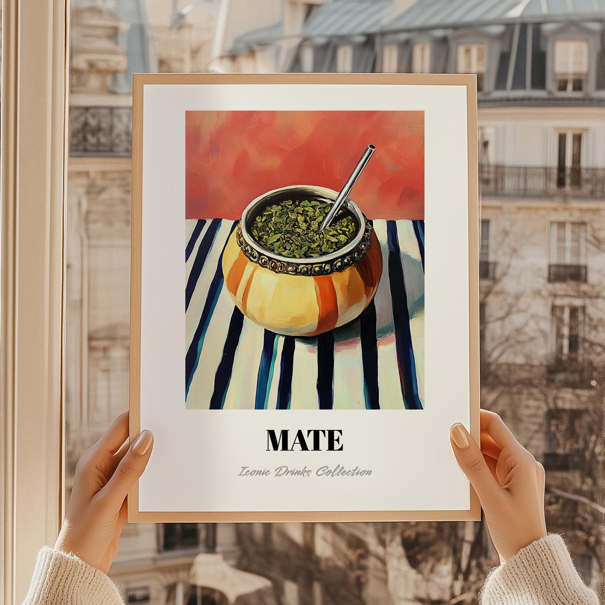 Maté – on Striped Tablecloth, Uruguayan Cocktail Painting, styled in a charming Paris street view
