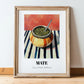 Maté – on Striped Tablecloth, Uruguayan Cocktail Painting, in wooden frame leaning on the floor